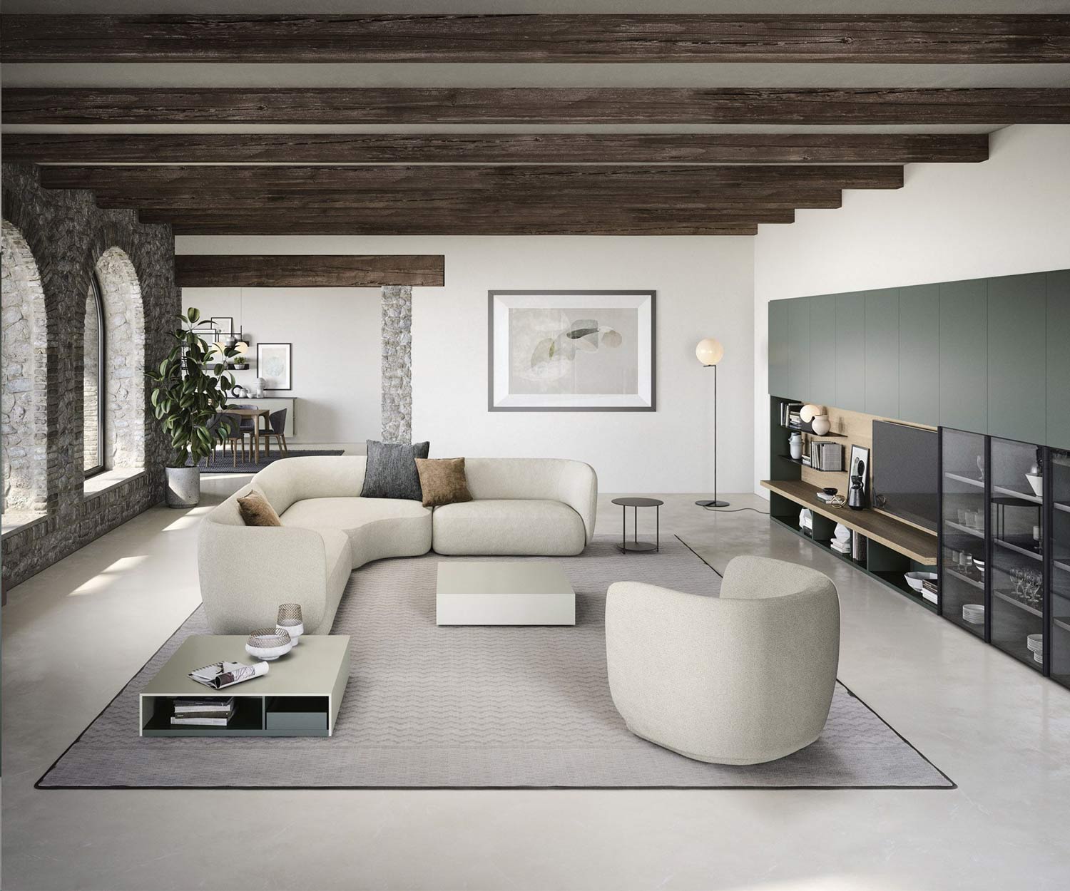 Großes Wohnzimmer mit Luxus Sofa Ecke aus Bouclé Stoff Großes Wohnzimmer mit Luxus Sofa Ecke aus Bouclé Stoff