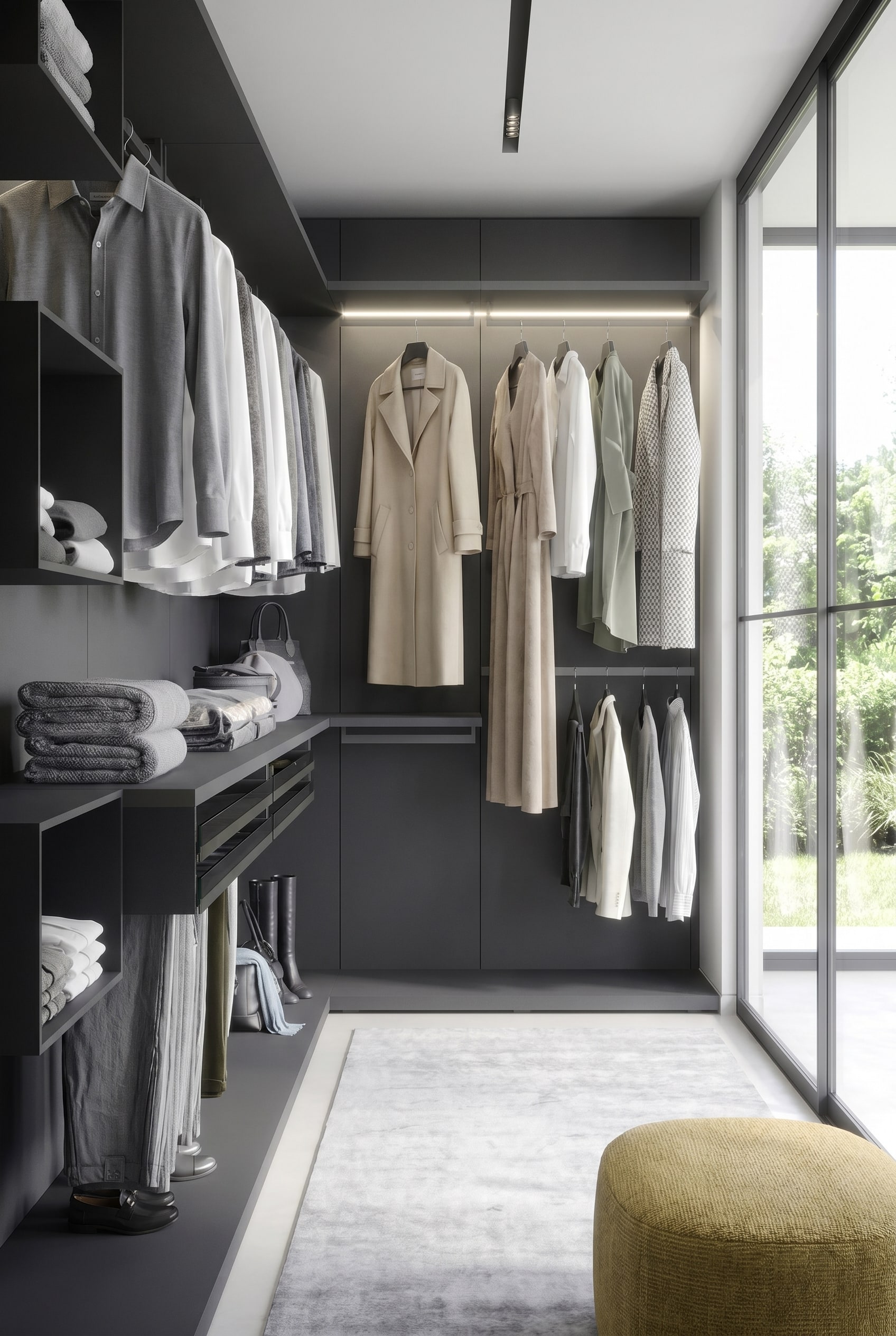 Syst&egrave;me de dressing ouvert sombre avec des zones de suspension parfaitement r&eacute;parties pour les chemises et les longs manteaux, &eacute;clairage LED int&eacute;gr&eacute; dans les &eacute;tag&egrave;res