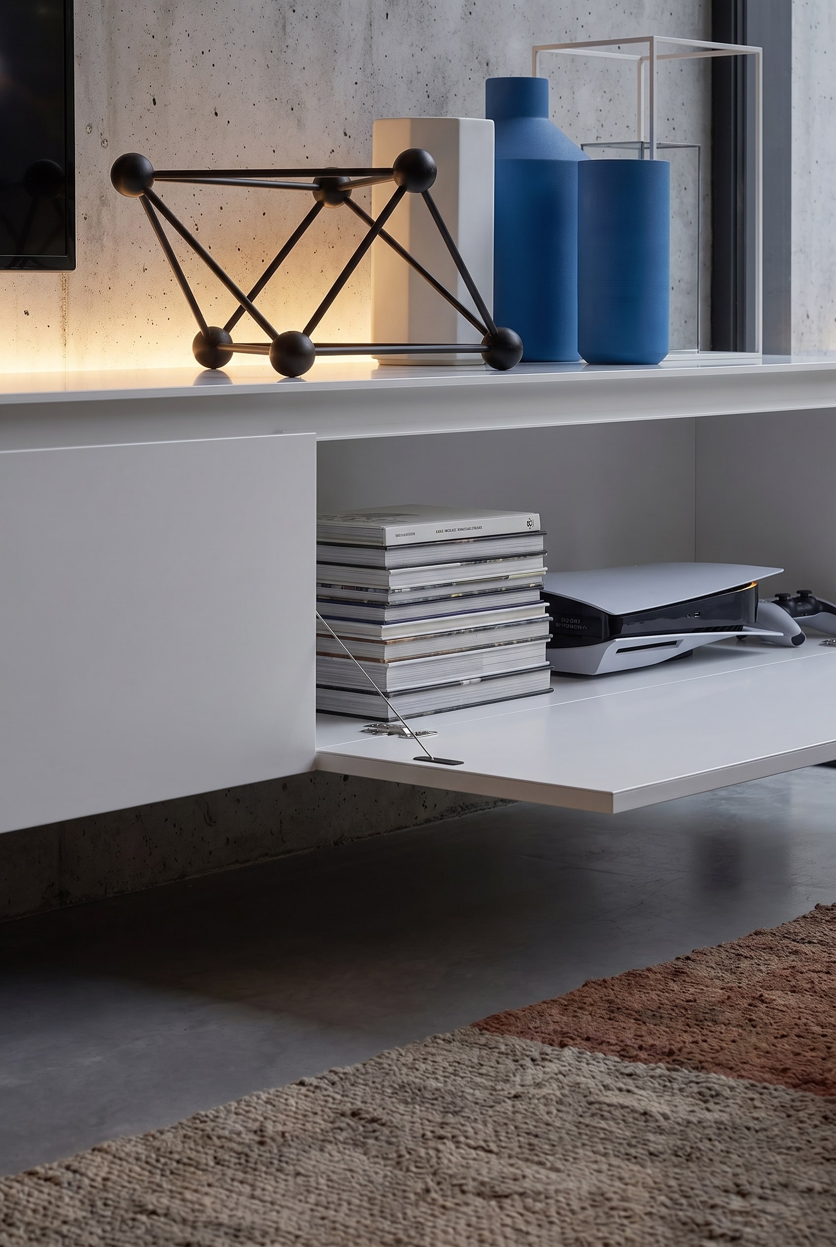 Compartiment ouvert d'un meuble bas blanc avec des livres empil&eacute;s et une console de jeux moderne.