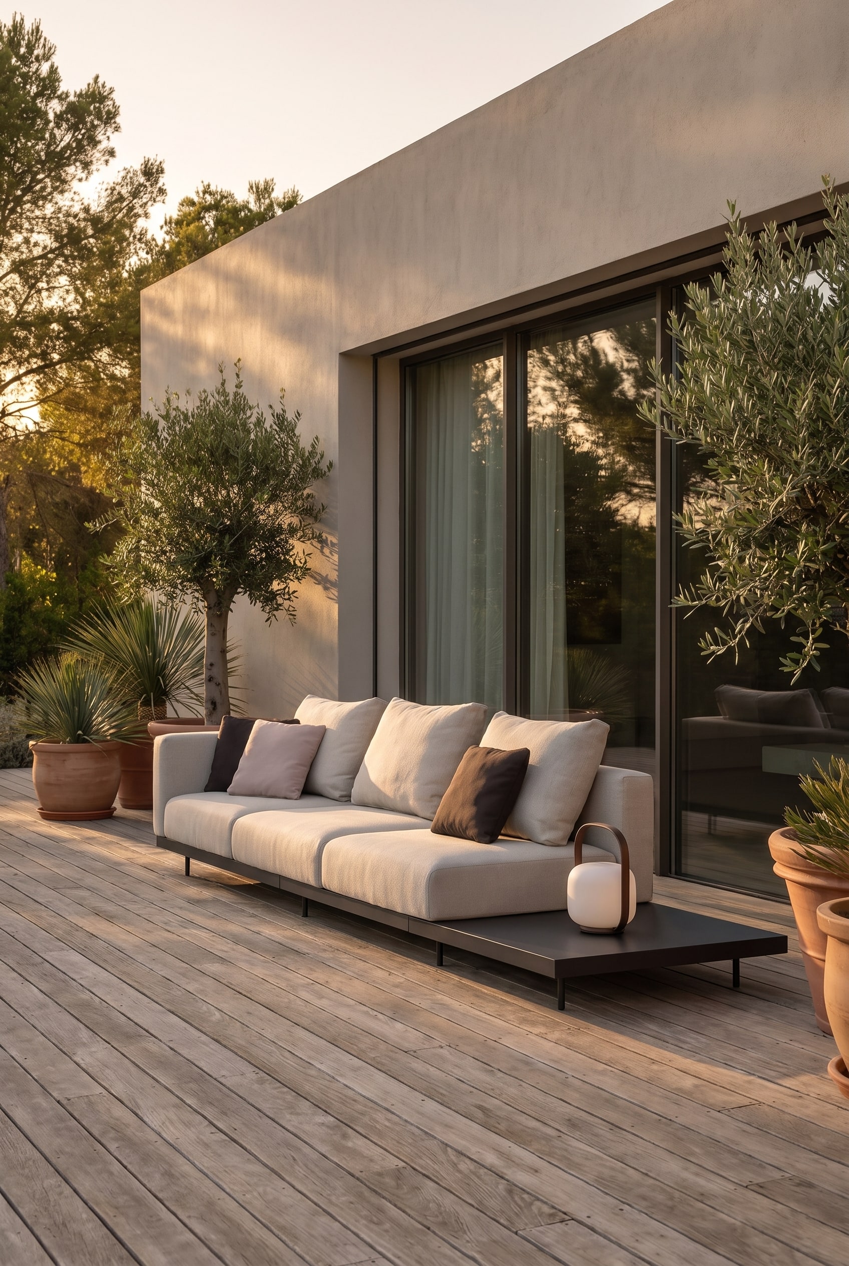 Terrasse en bois avec un coin salon ombrag&eacute;, &eacute;quip&eacute; d'un grand canap&eacute; modulable d'ext&eacute;rieur beige devant un mur de maison moderne et stylis&eacute;