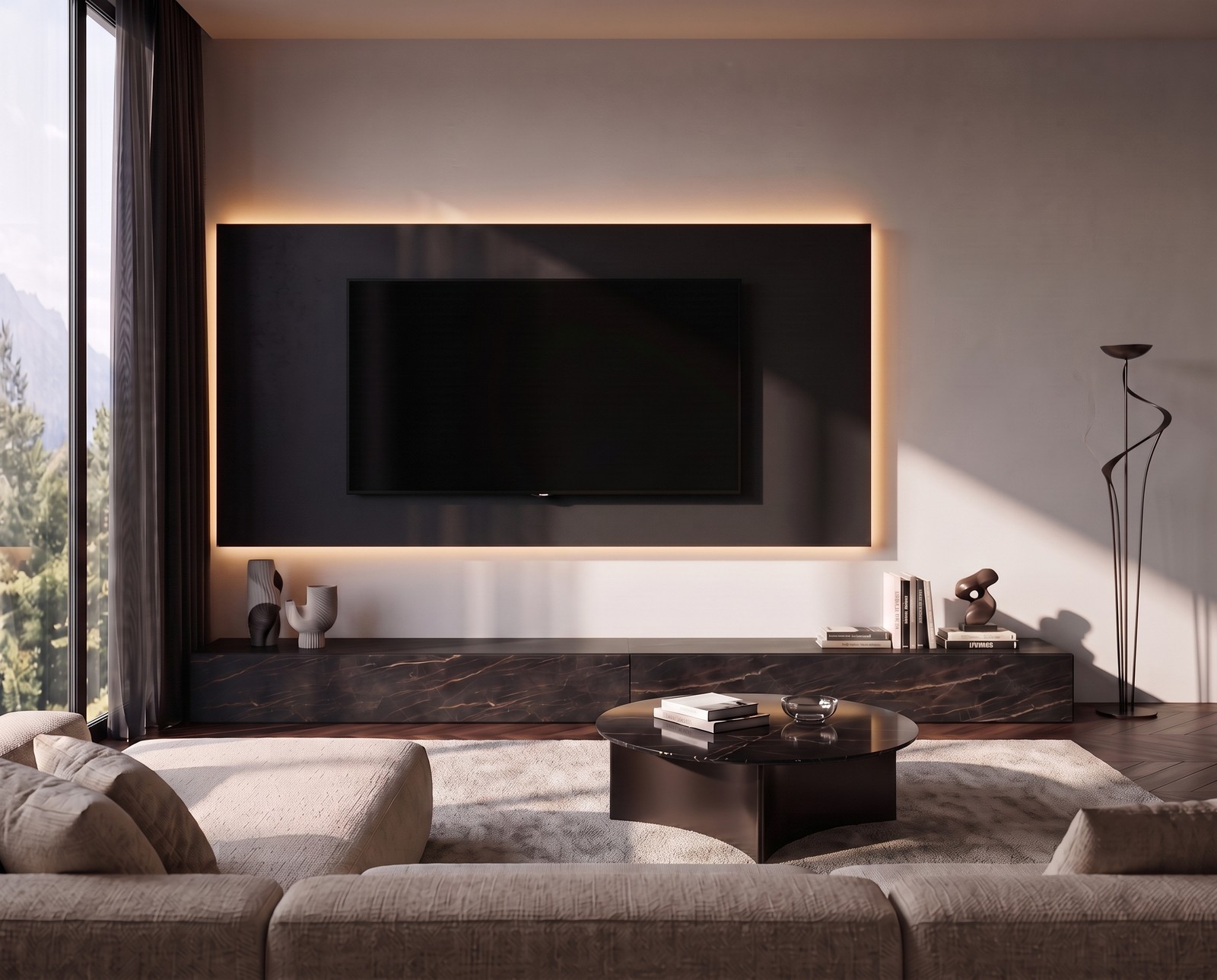 Livitalia Wohnwand C111 in Schwarz im Wohnzimmer