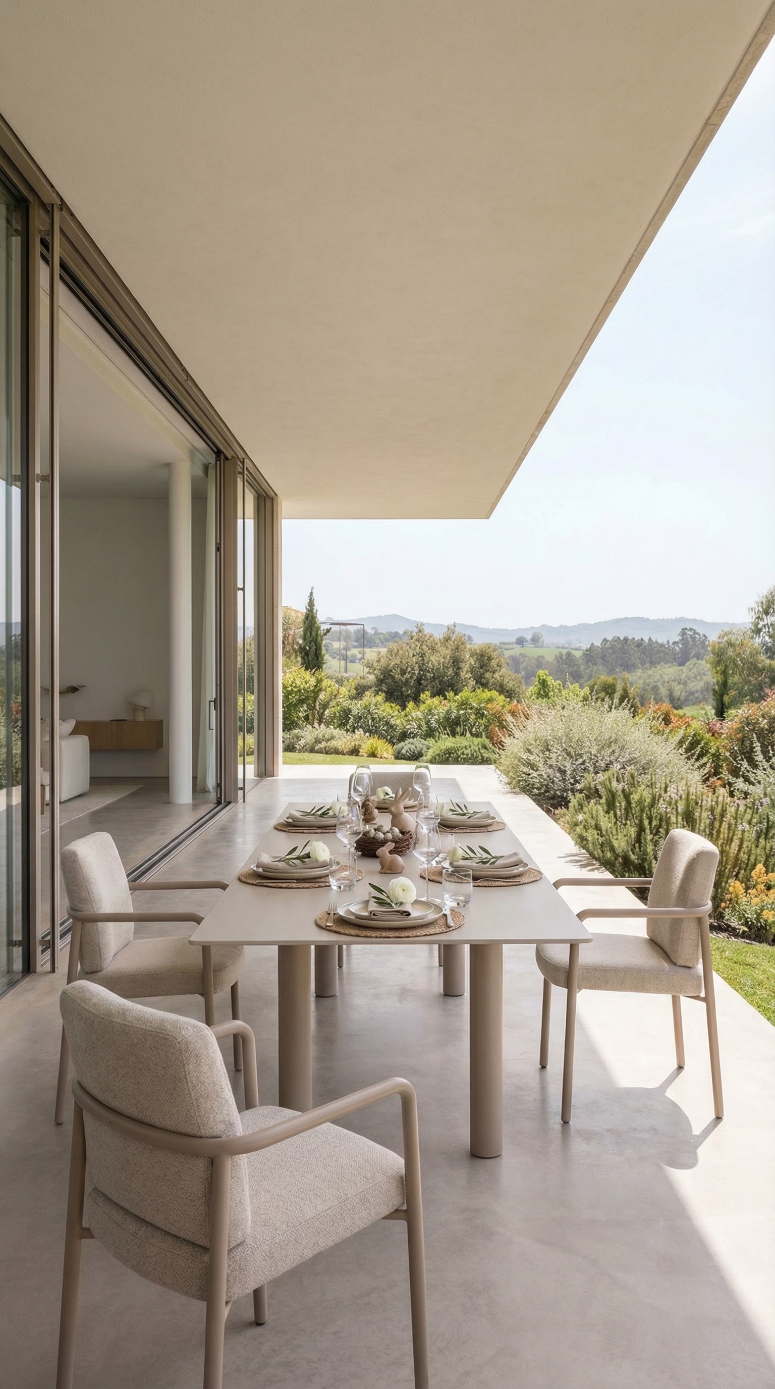 Erweiterbarer, moderner Outdoor-Esstisch auf einer großzügigen Terrasse Erweiterbarer, moderner Outdoor-Esstisch auf einer großzügigen Terrasse