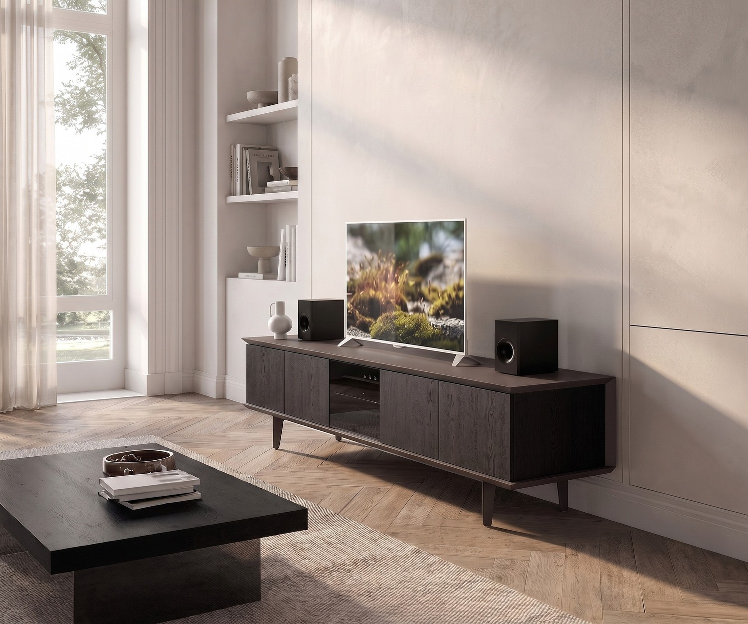 Ozzio Brera TV Lowboard aus Holz für das Wohnzimmer. Modernes TV-Sideboard aus Walnuss mit edler Rauchglastür.