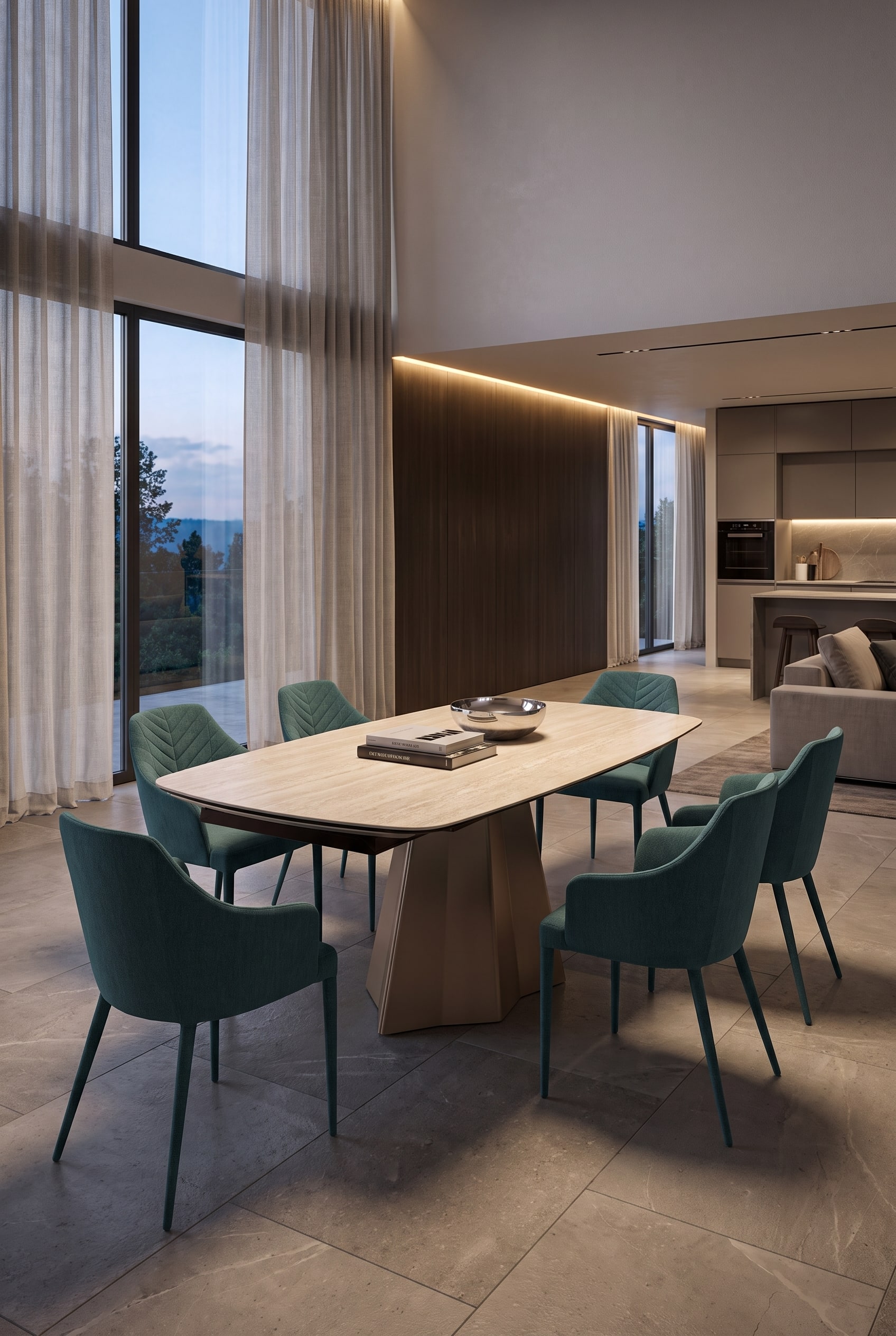 Salle à manger lumineuse avec une table à manger design extensible, six chaises et un vase élégant