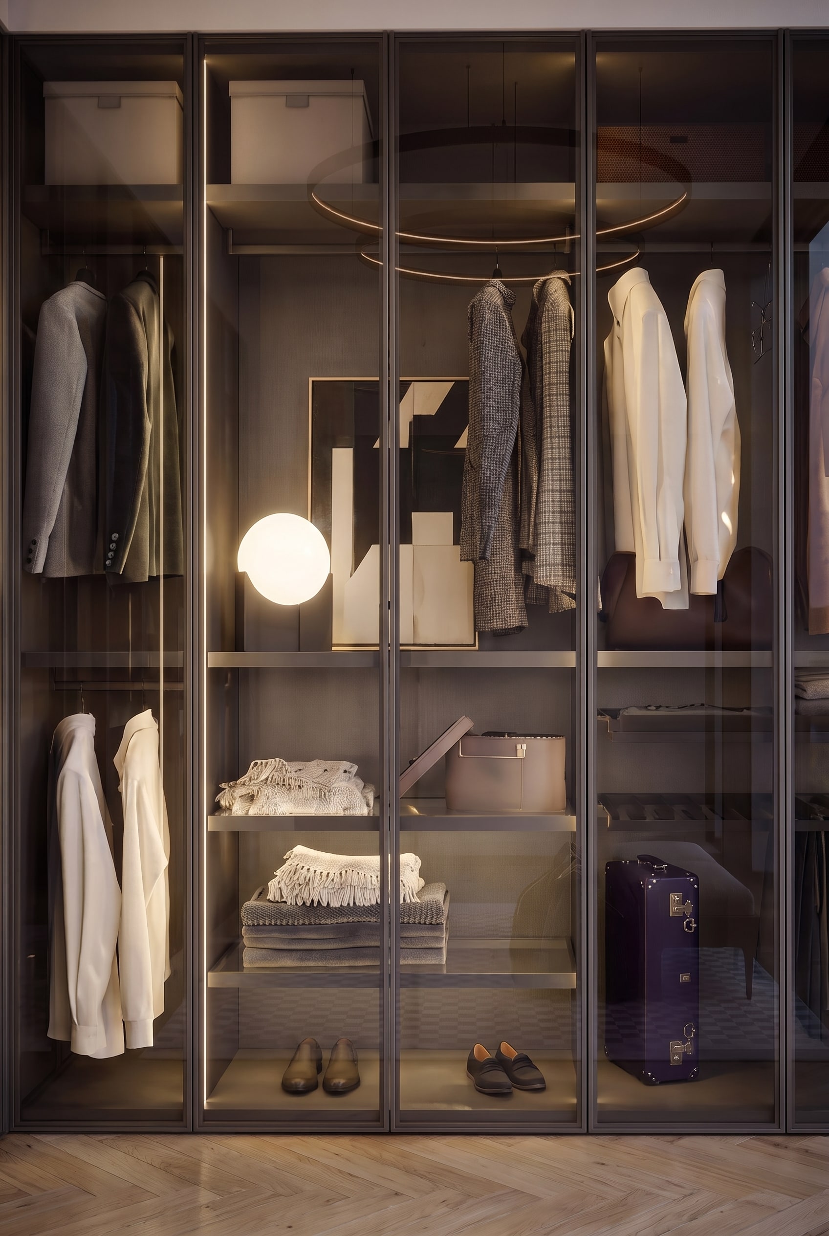 Detailaufnahme des Novamobili Perry Kleiderschranks mit geordneter Kleidung, edlen Lederboxen und einem violetten Koffer hinter Rauchglas.
