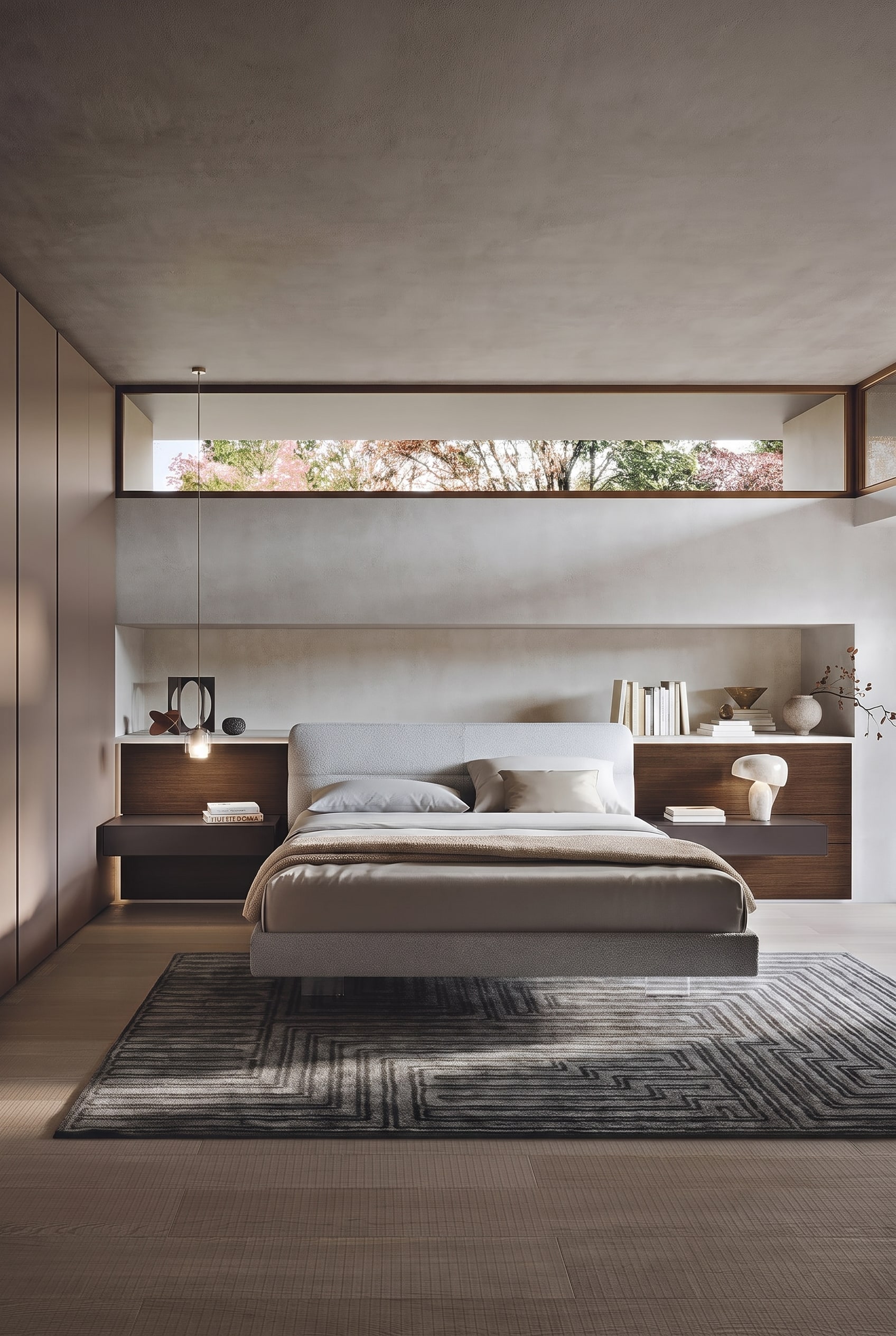 Zwei identische, minimalistische Nachttische mit je einer Schublade, die symmetrisch neben einem modernen Bett stehen und f&uuml;r optische Ruhe im Schlafzimmer sorgen.