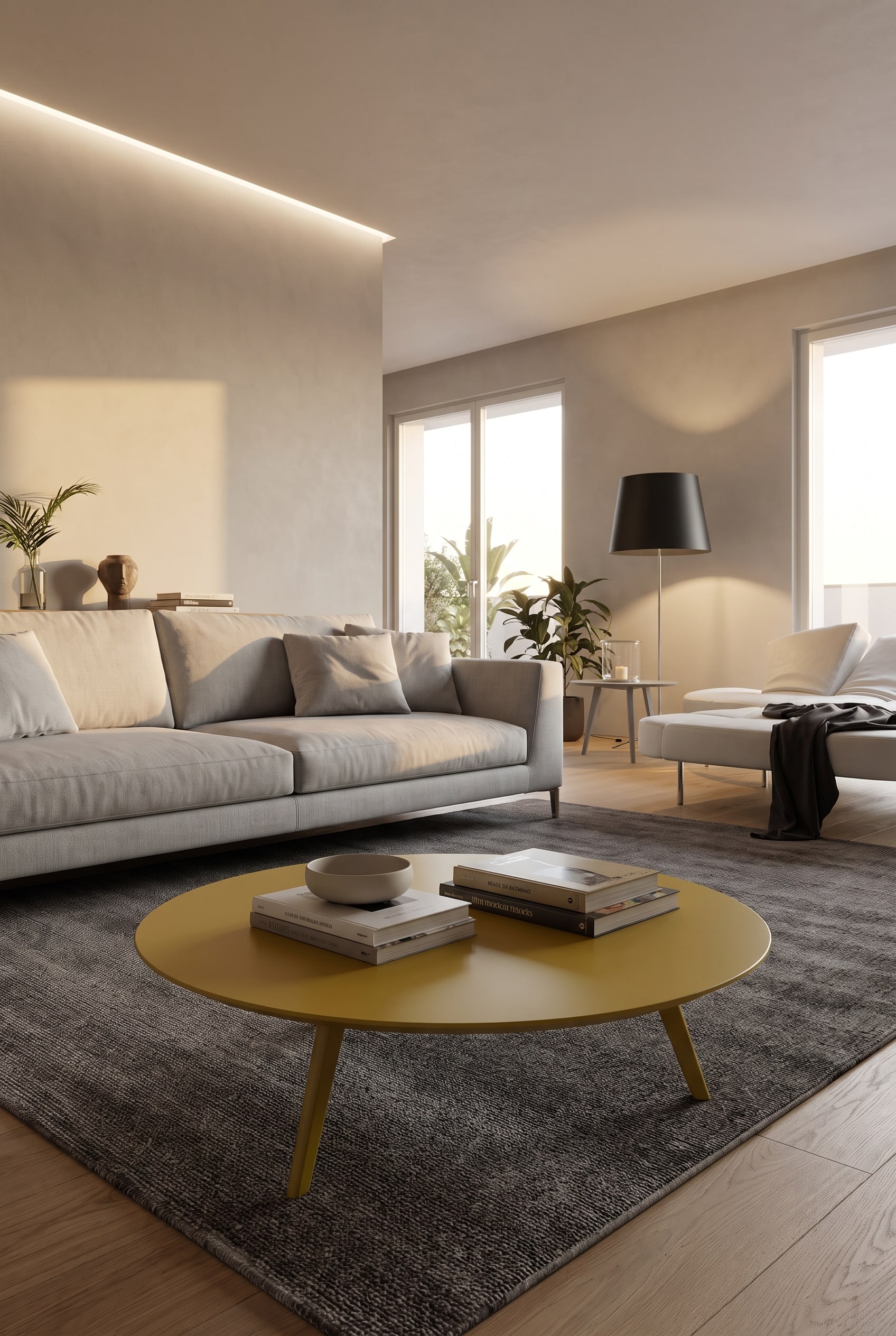 Une table basse jaune moutarde mate cr&eacute;e un fort contraste de couleur devant un canap&eacute; gris clair dans un salon moderne.