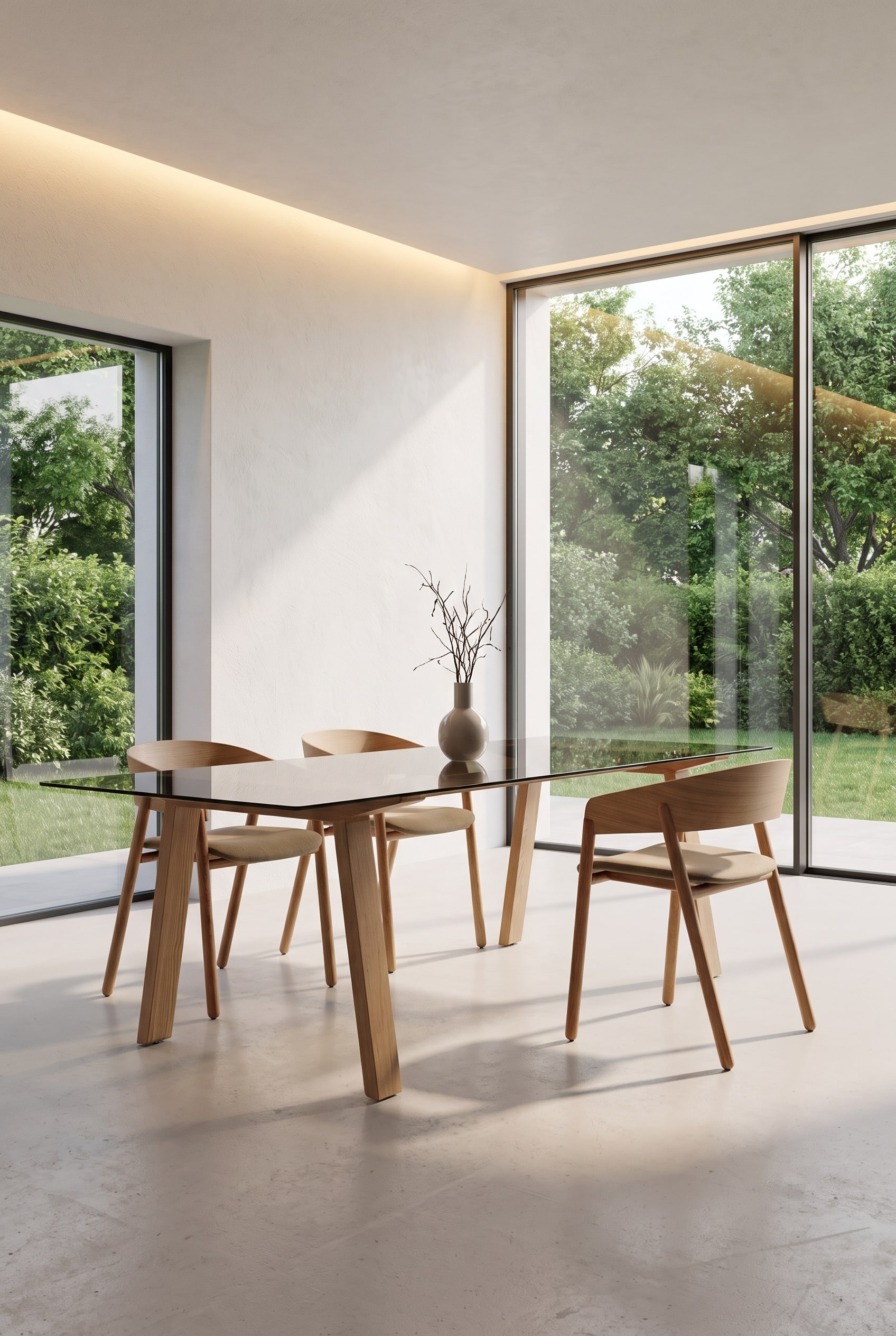 Salle à manger moderne avec diverses chaises en chêne massif, dont une chaise simple en bois massif sans accoudoirs à une table en bois.