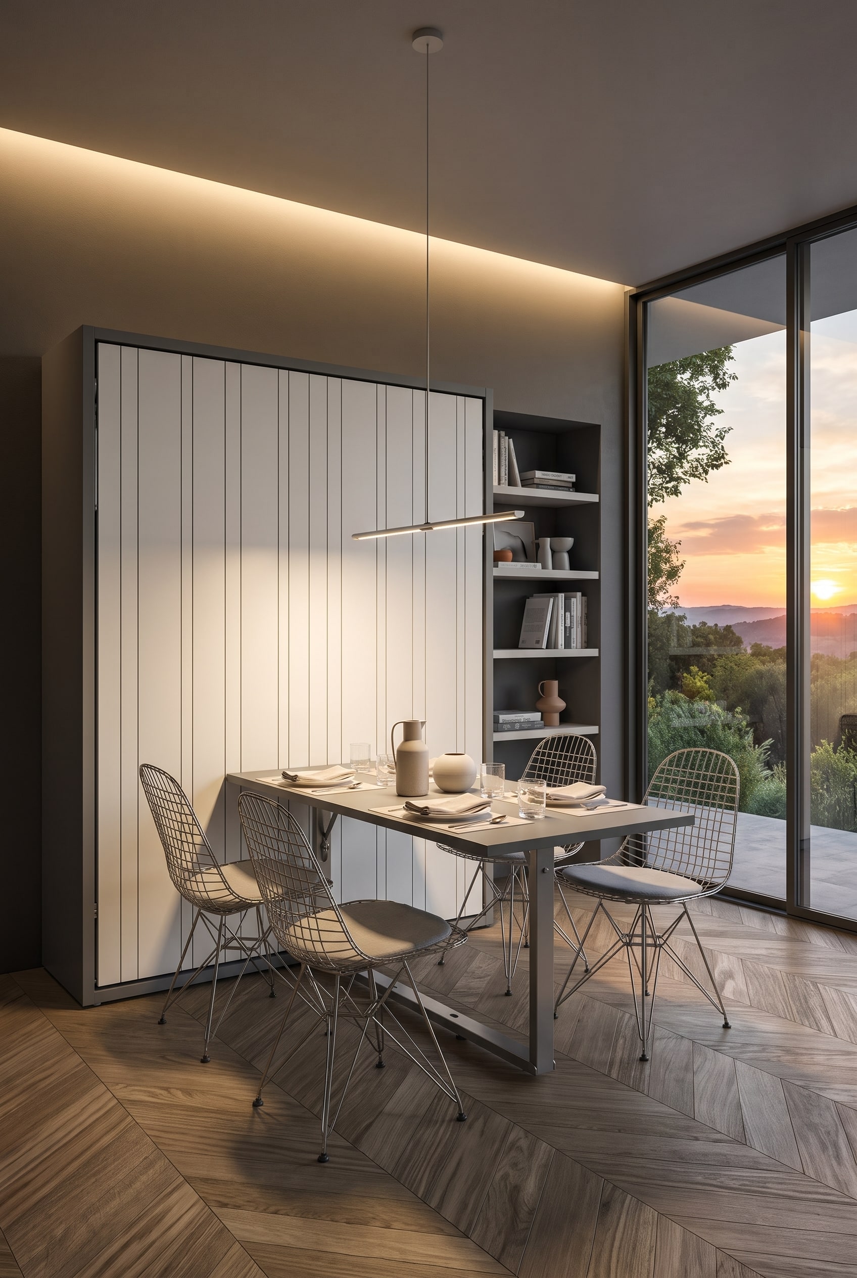 Salle &agrave; manger moderne avec un grand module de lit escamotable au mur, int&eacute;grant une table &agrave; manger en fa&ccedil;ade, flanqu&eacute;e de chaises cantilever l&eacute;g&egrave;res