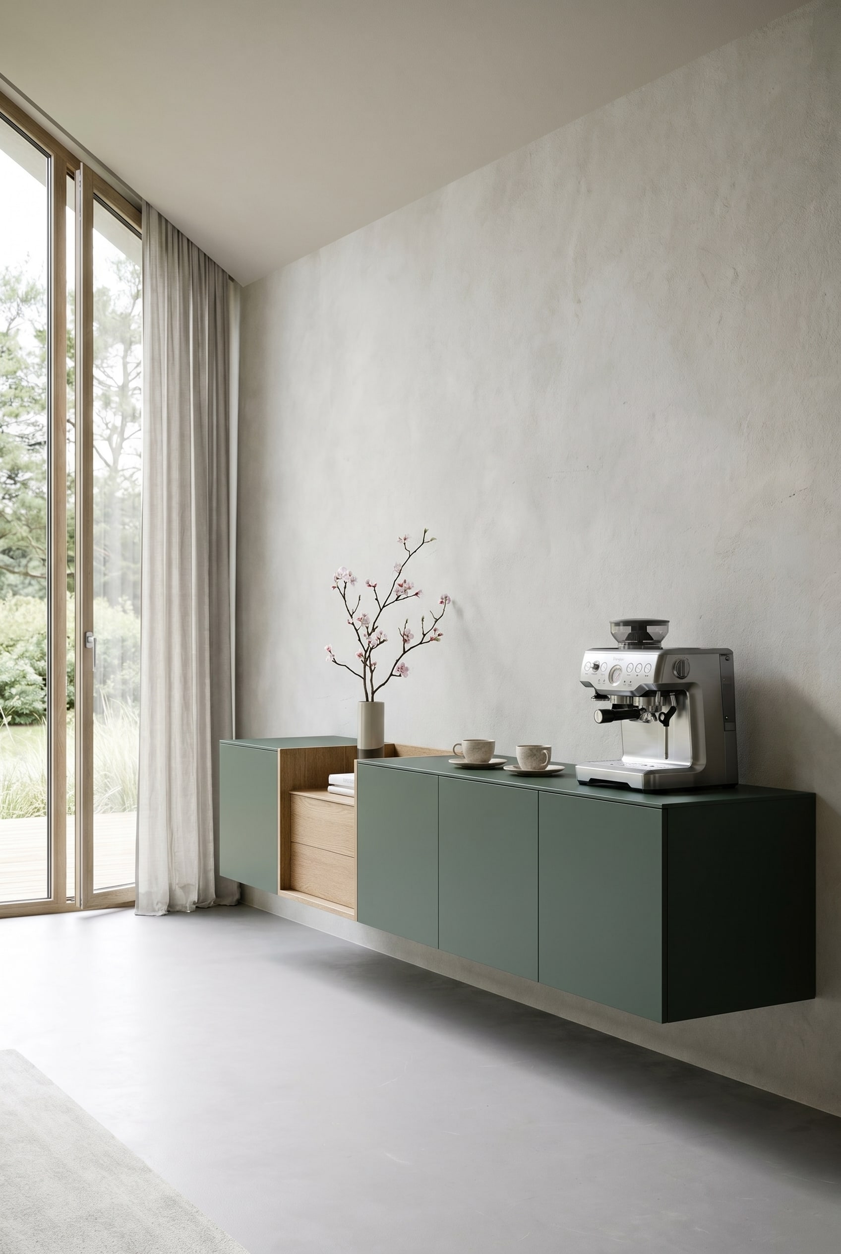 Buffet mural suspendu Novamobili Box 18 en vert sauge, décoré de manière minimaliste avec une élégante machine à café et de fines tasses pour un brunch printanier raffiné. Buffet mural suspendu Novamobili Box 18 en vert sauge, décoré de manière minimaliste avec une élégante machine à café et de fines tasses pour un brunch printanier raffiné.