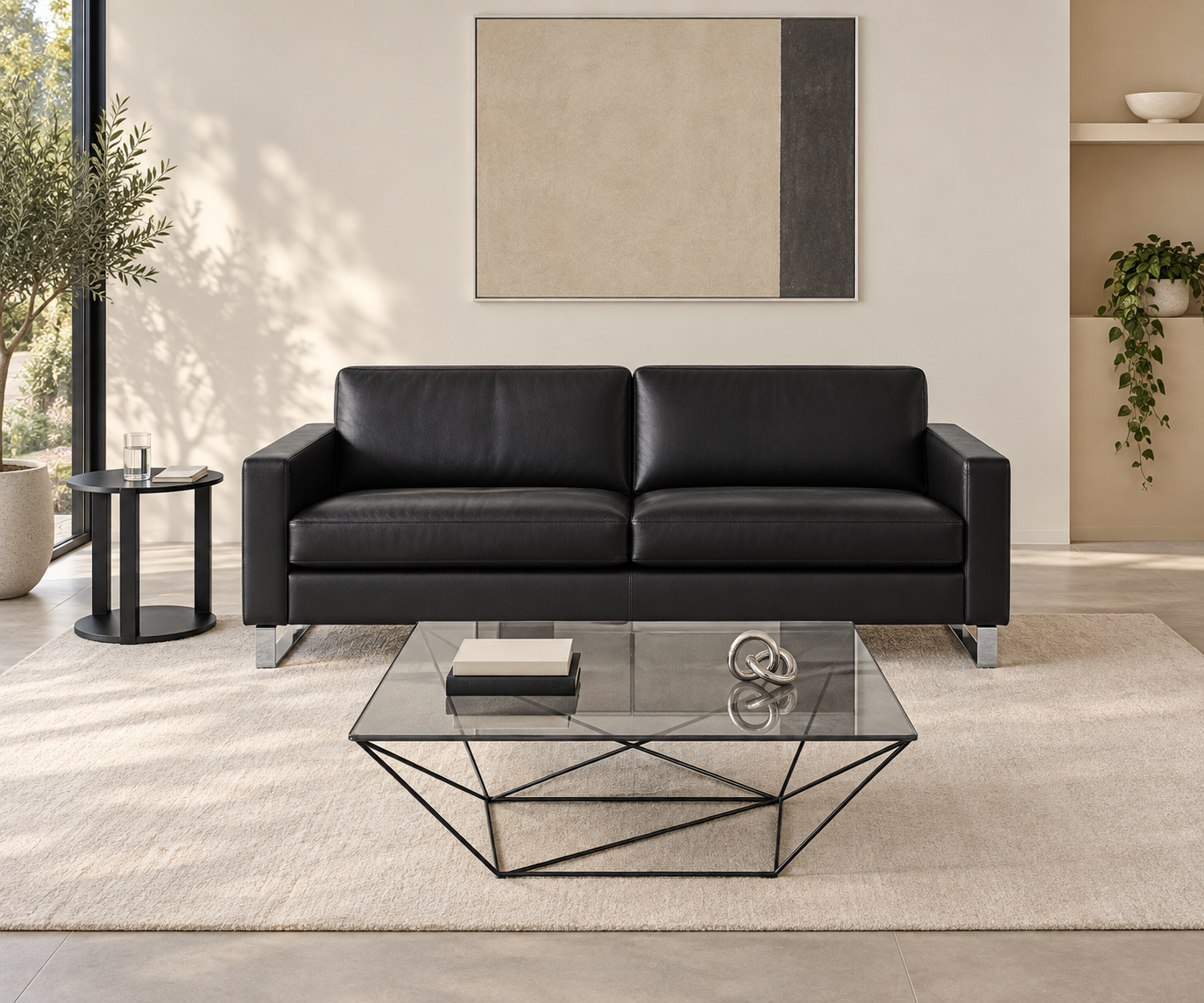 Livitalia Canapé Vinaro, 206 × 91 cm, Seminole 04 Noir, cuir véritable, piètement chromé – Vue de face avec table basse