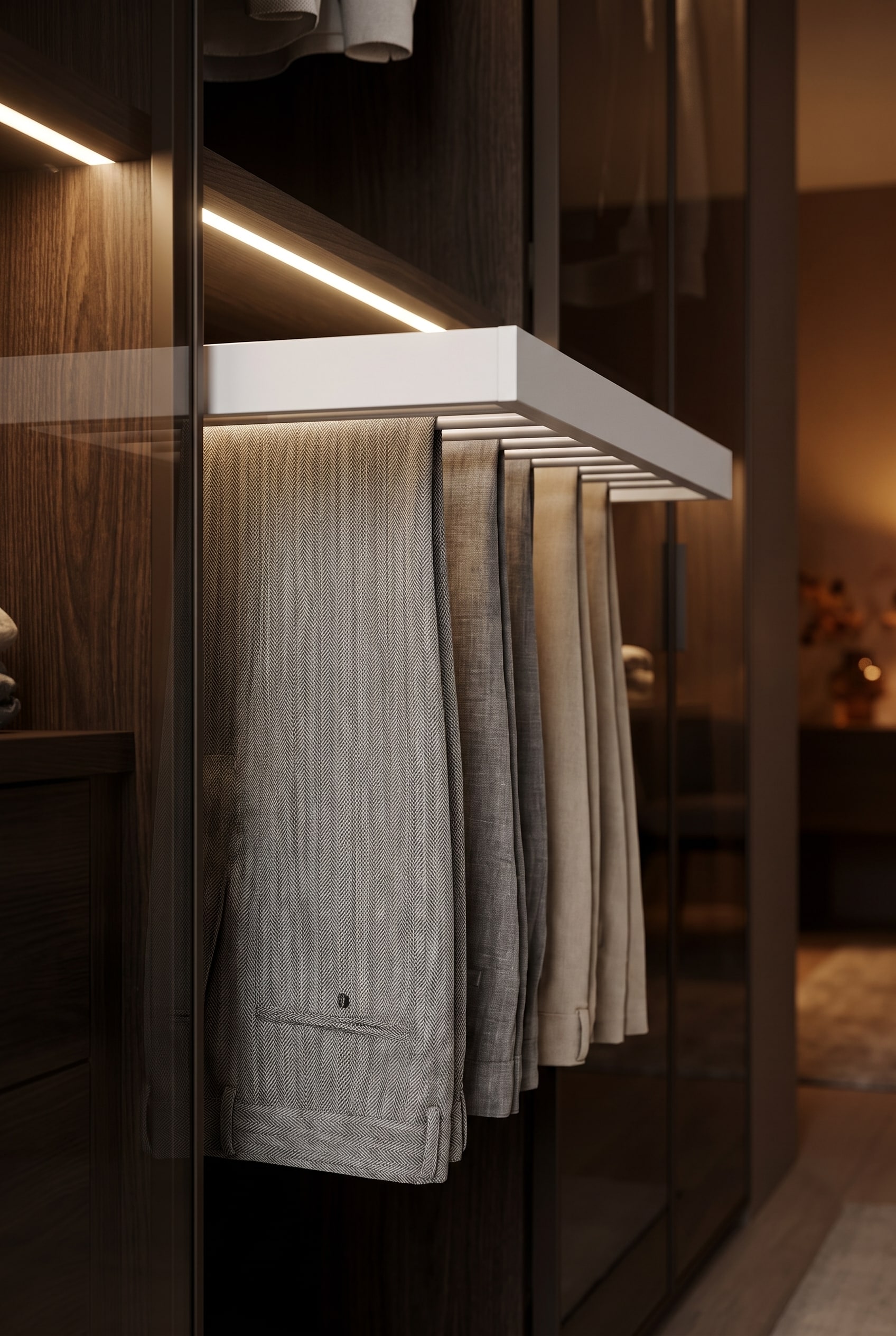 D&eacute;tail d'un porte-pantalons coulissant en m&eacute;tal fonc&eacute; dans un dressing de luxe &eacute;clair&eacute;