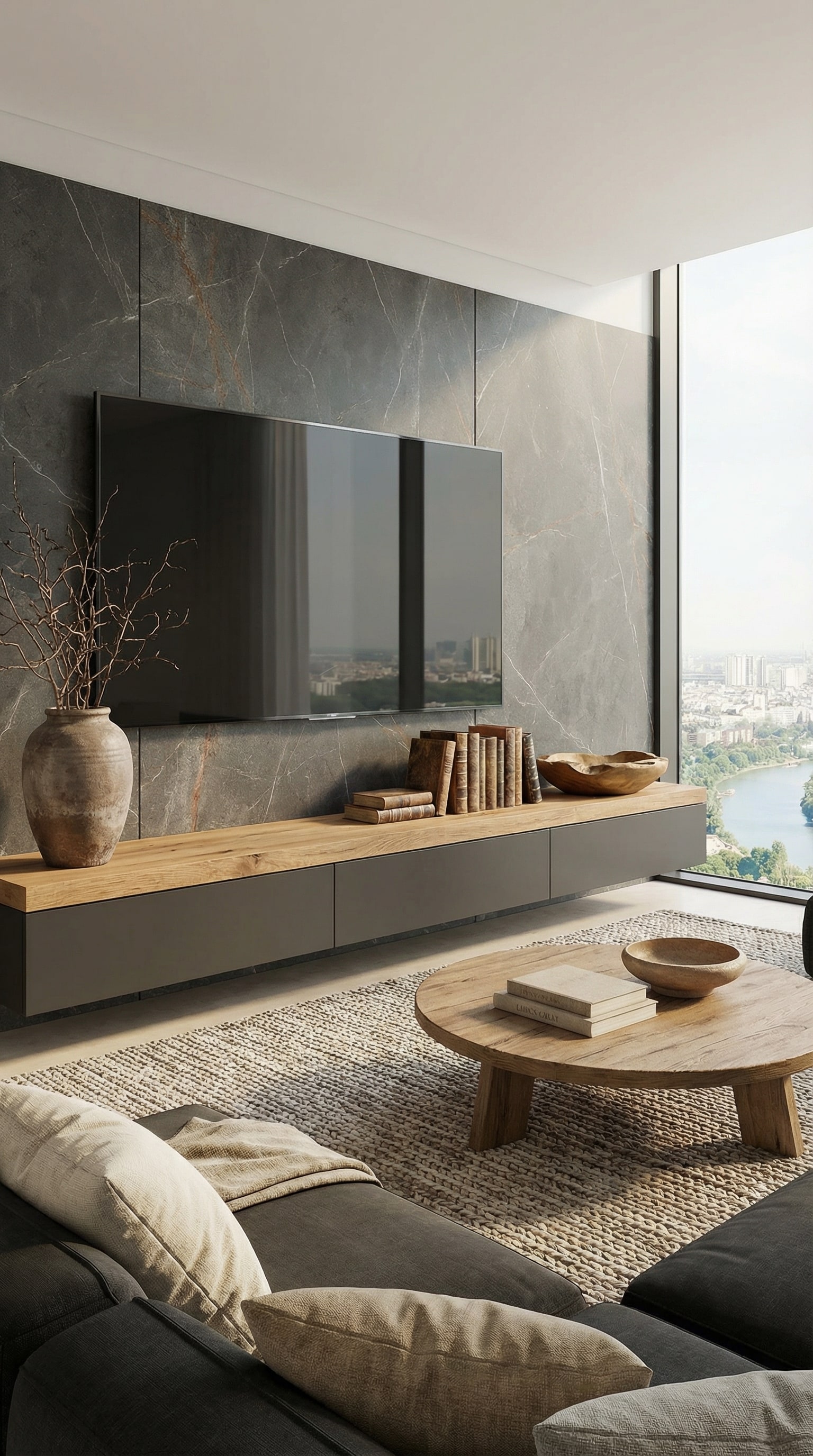 Massives Holz Lowboard mit dicker Abdeckplatte in modernem Wohnzimmer