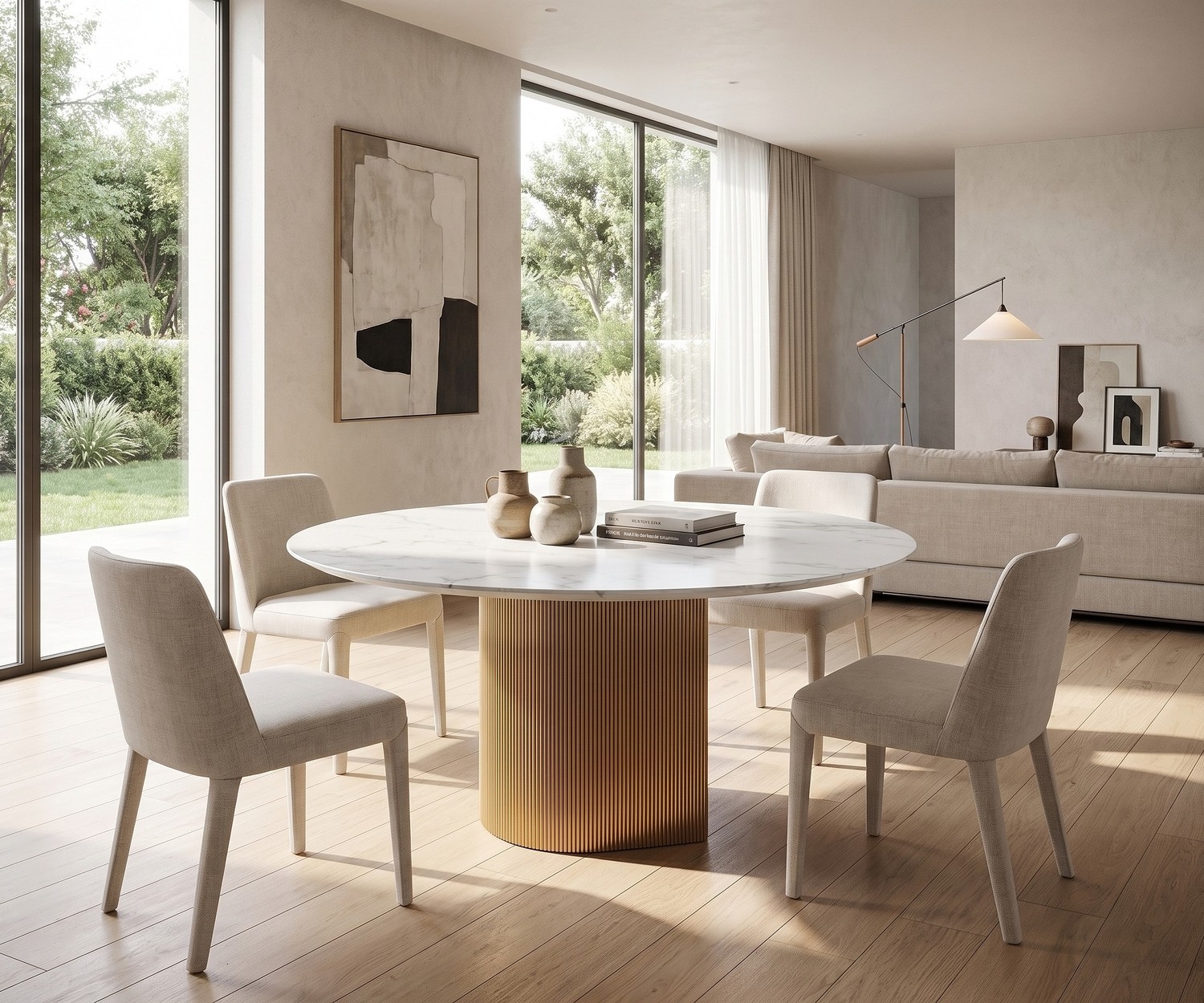 Table à manger ronde al2 dakry br 001 pour salle à manger moderne, plateau marbre blanc et pied central doré cannelé.