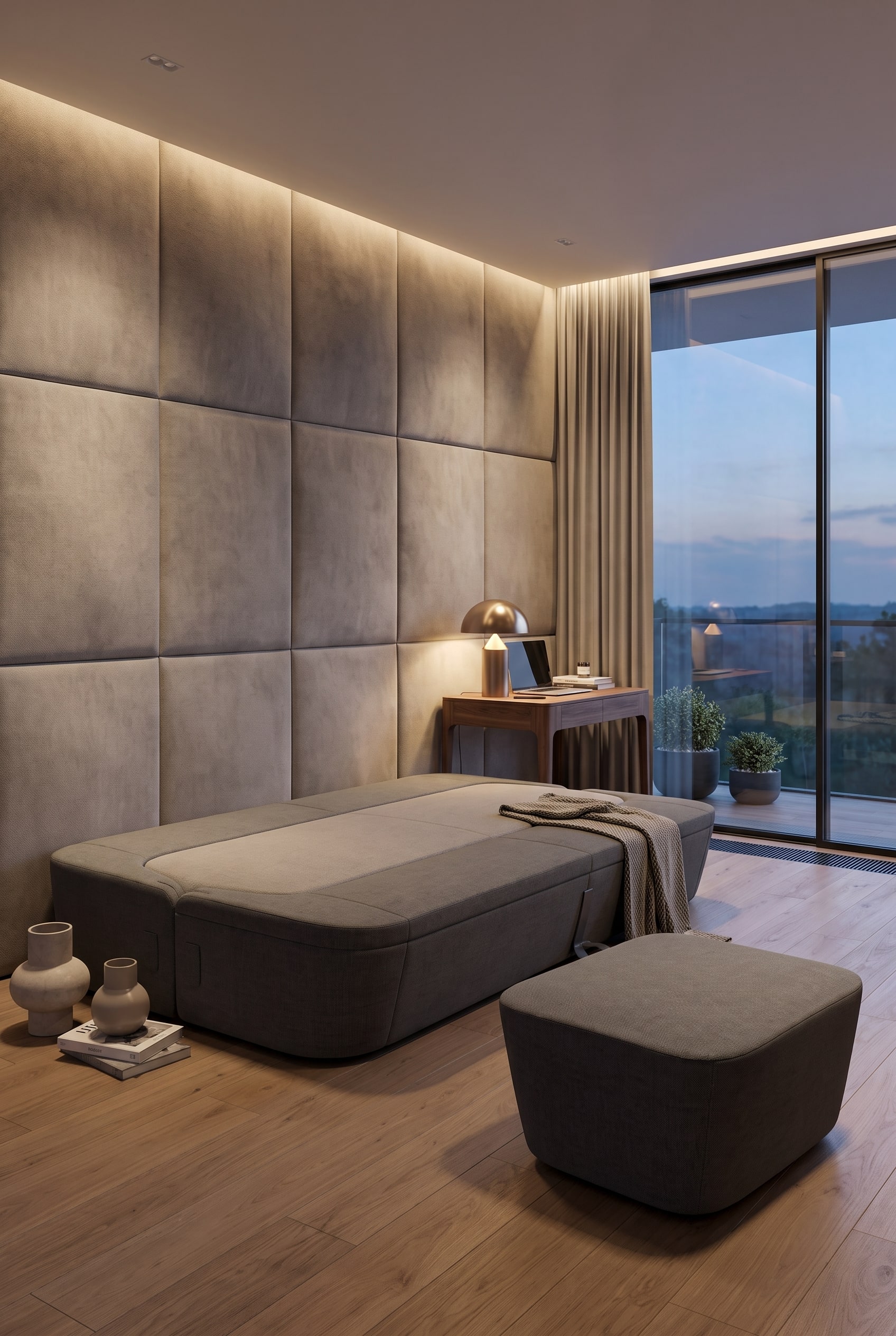 Ein modern eingerichtetes Gästezimmer mit einem stilvollen Schlafsofa, platziert vor einer gemütlichen Wandverkleidung aus textilen Akustikpaneelen.
