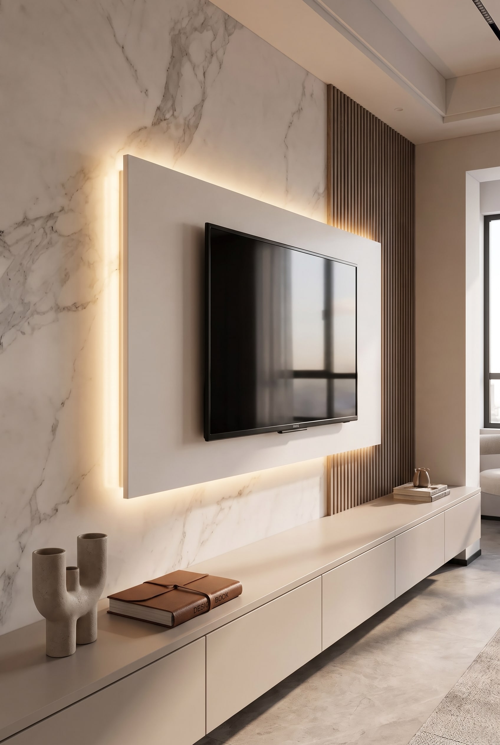 Salon avec un panneau mural TV en bois lisse, sur lequel le t&eacute;l&eacute;viseur est mont&eacute; sans fil, avec r&eacute;tro&eacute;clairage LED