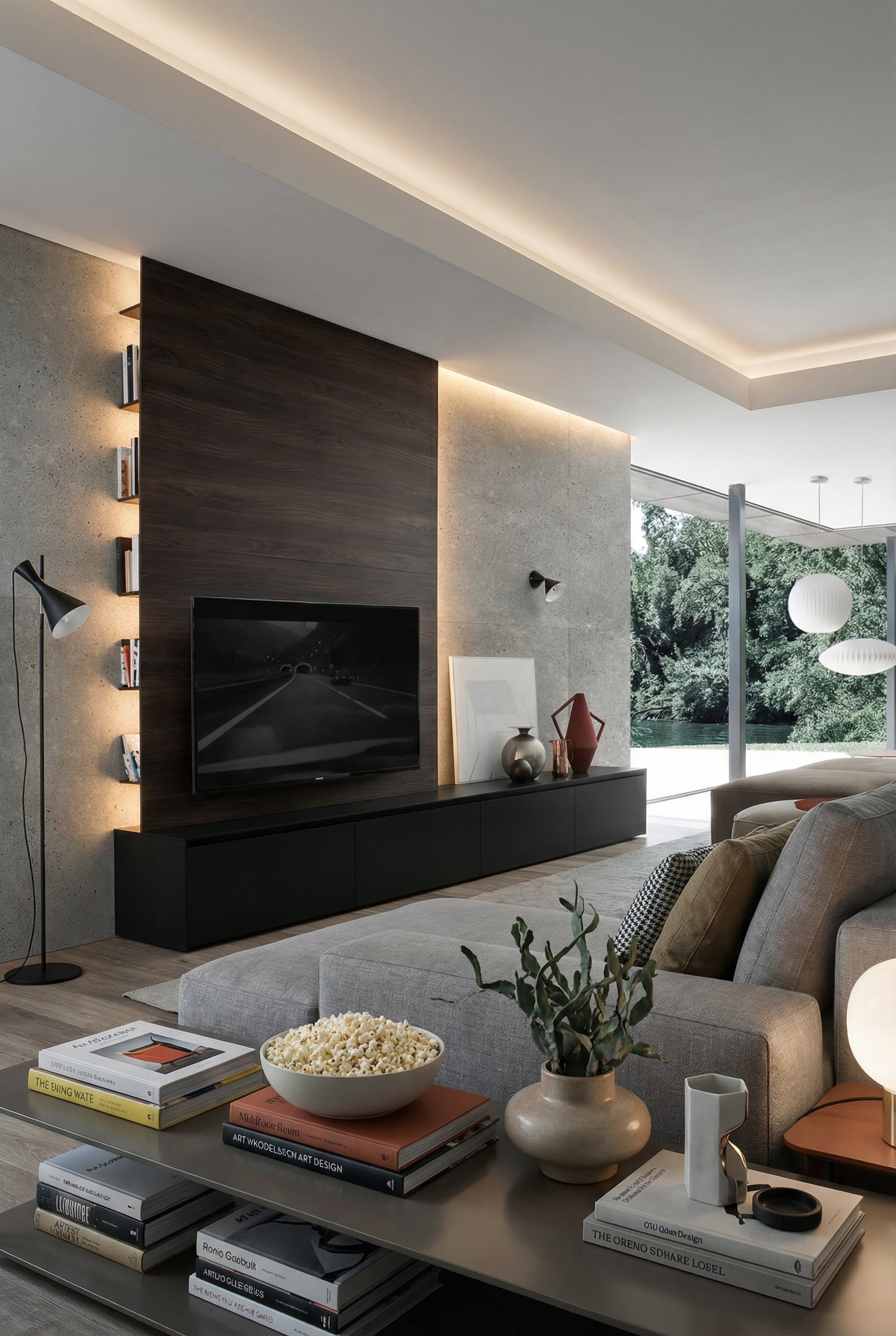 Schwebendes Novamobili Reverse TV Wandpaneel mit versteckten seitlichen Regalf&auml;chern in einem minimalistischen Wohnzimmer.