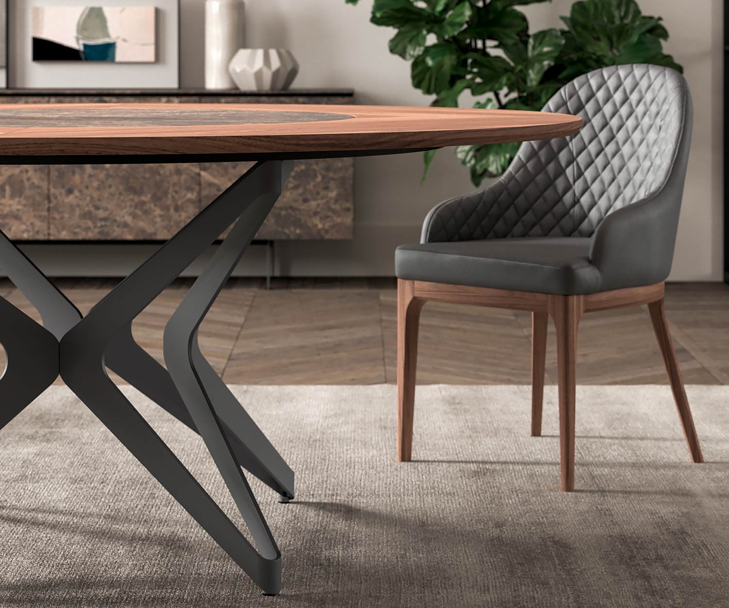 Table de salle à manger design haut de gamme Détail de l'épaisseur du plateau Plateau tournant en placage de noyer Table de salle à manger design haut de gamme Détail de l'épaisseur du plateau Plateau tournant en placage de noyer