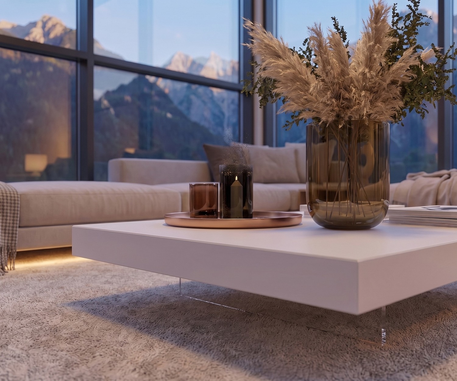 Livitalia Couchtisch Low in Weiß Weißer Livitalia Couchtisch Low auf transparenten Füßen im modernen Wohnzimmer mit Bergpanorama.
