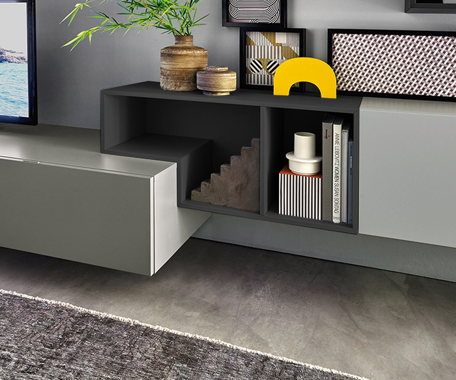 Le meuble-paroi moderne Tetris Design C19 avec éléments ouverts en détail