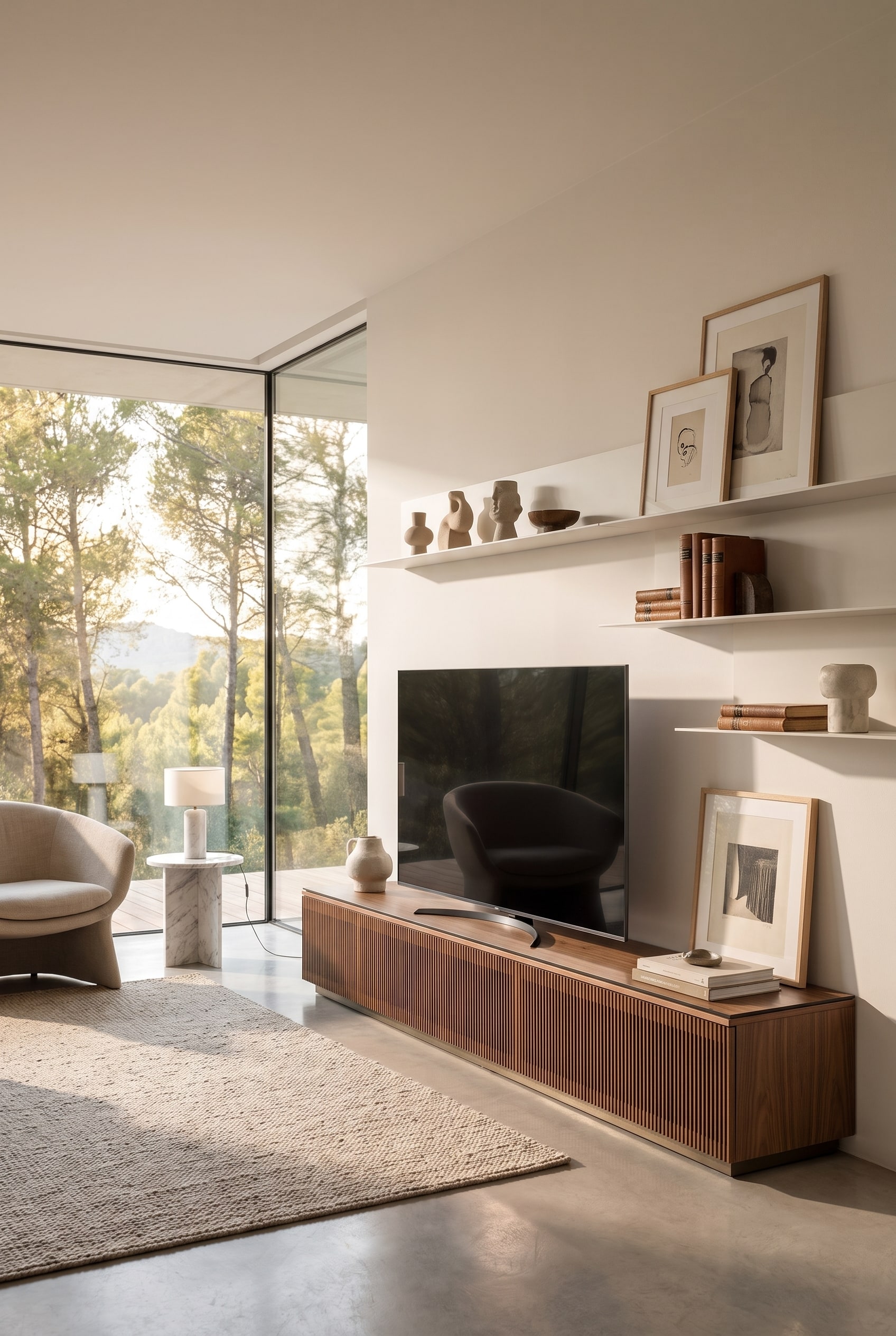 Detailansicht des Punt Malm&ouml; TV Lowboards in einem modernen Wohnzimmer, bei dem elegante Holzfronten die Technik verbergen.
