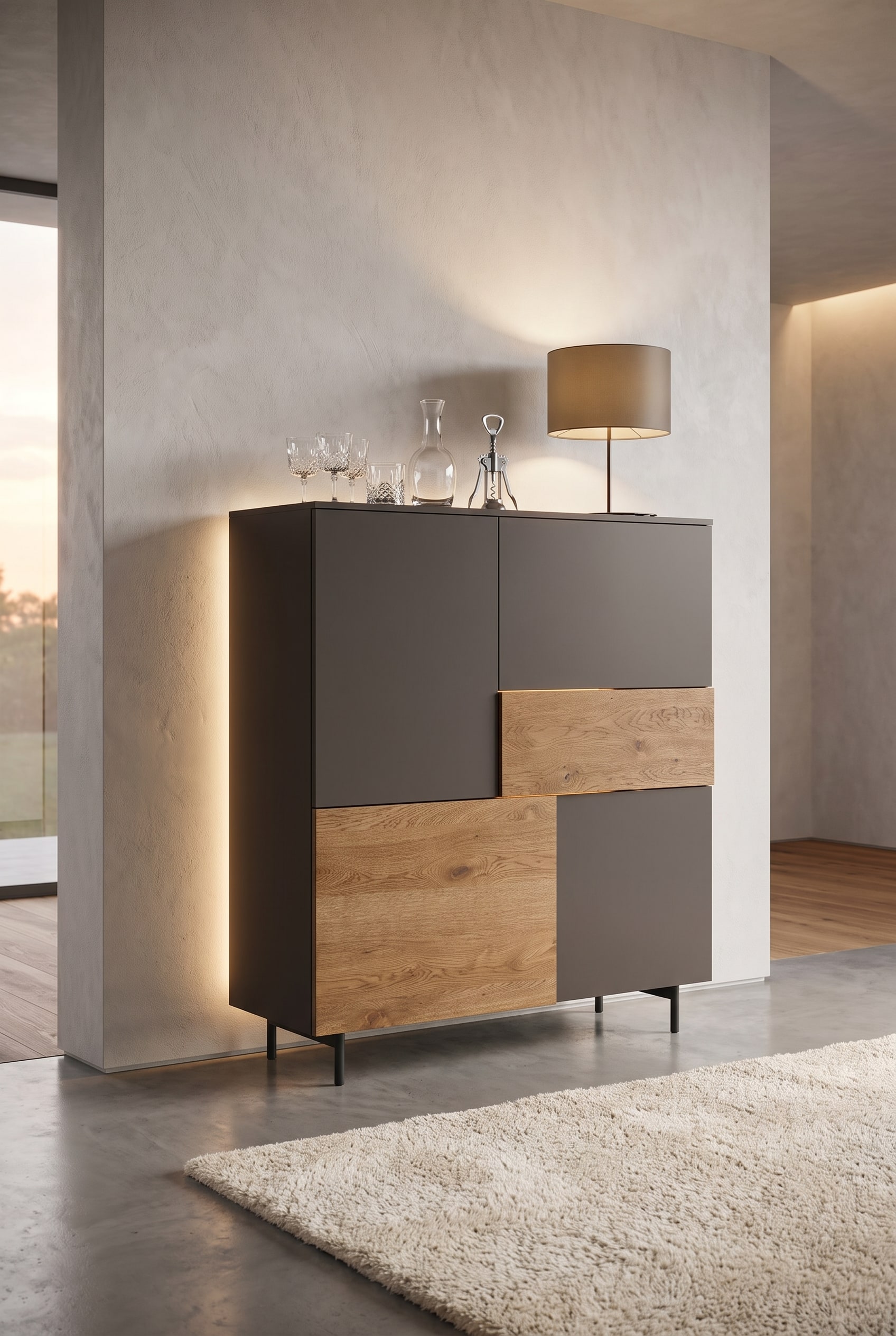 Modernes Livitalia Incontro Highboard mit asymmetrischer Linienf&uuml;hrung vor einer eleganten Wand im Wohnzimmer