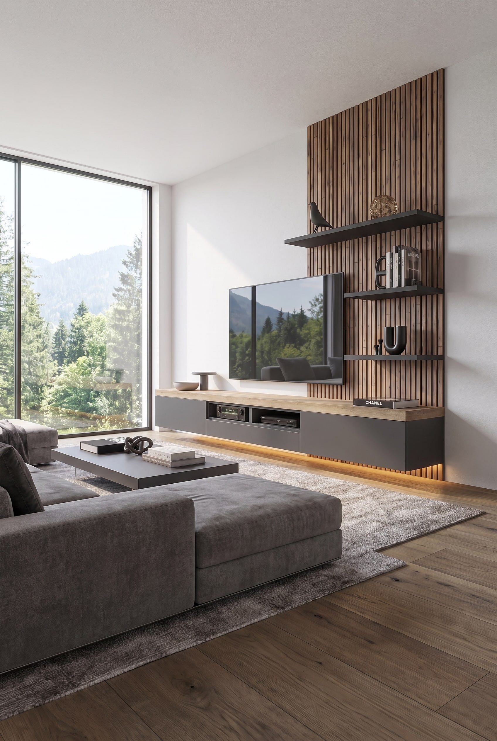 Aufgeräumtes Wohnzimmer mit schwebendem Lowboard in Mattweiß und indirekter Beleuchtung