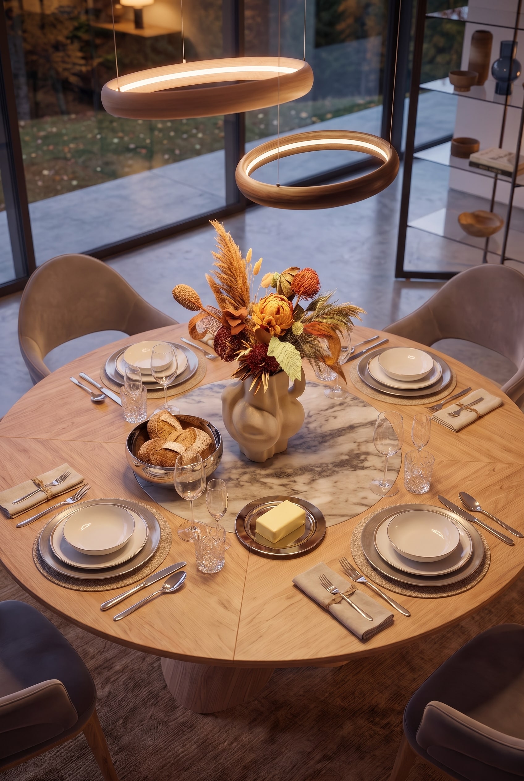 Table à manger ronde dressée, photographiée d'en haut, avec assiettes, couverts, corbeille à pain chromée et un vase de fleurs.
