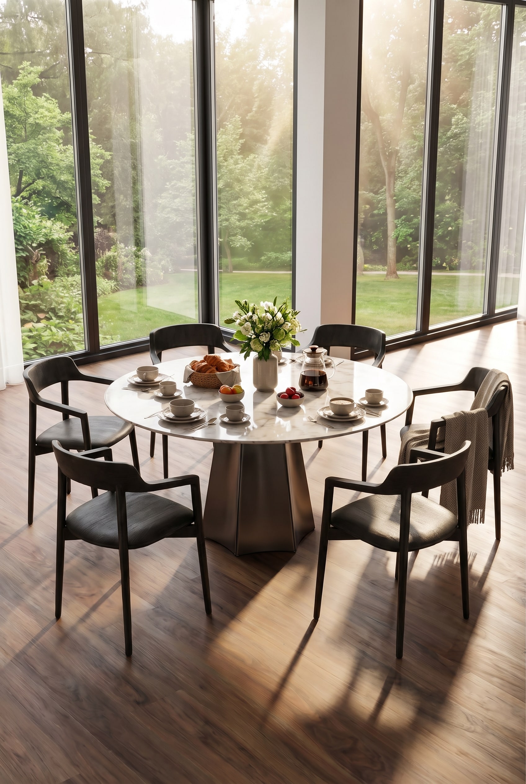 Ein stilvoll gedeckter Livitalia Keramik Esstisch Poliedro beim famili&auml;ren Sonntagsfr&uuml;hst&uuml;ck.