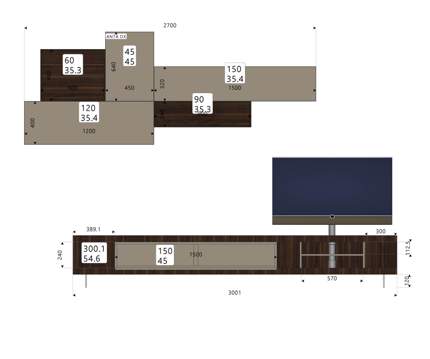 Livitalia Meuble-paroi design C52 Esquisse Tailles Dimensions Livitalia Meuble-paroi design C52 Esquisse Tailles Dimensions
