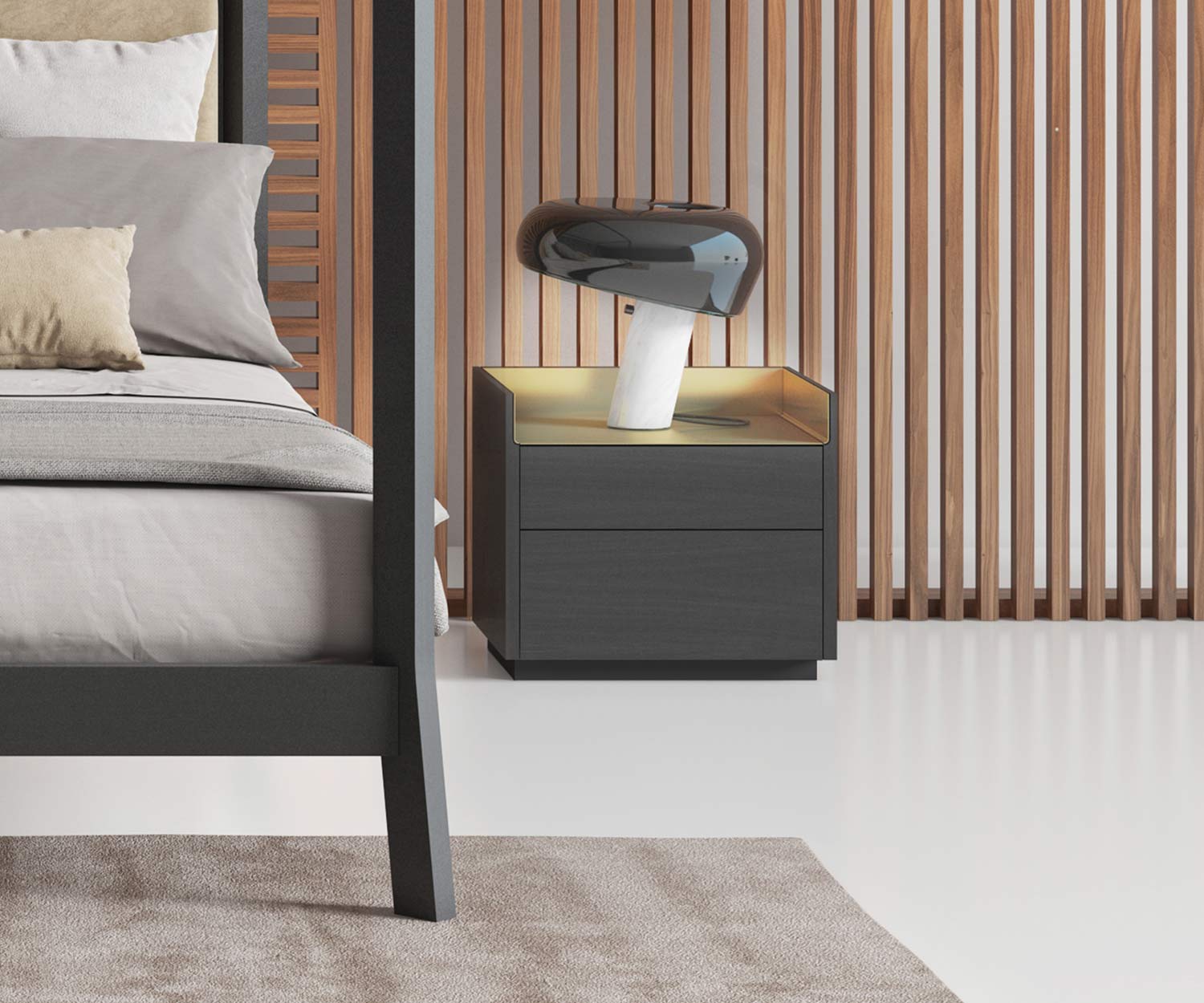 Table de chevet design exclusive avec lampe de chevet plaquée à côté du lit dans la chambre à coucher