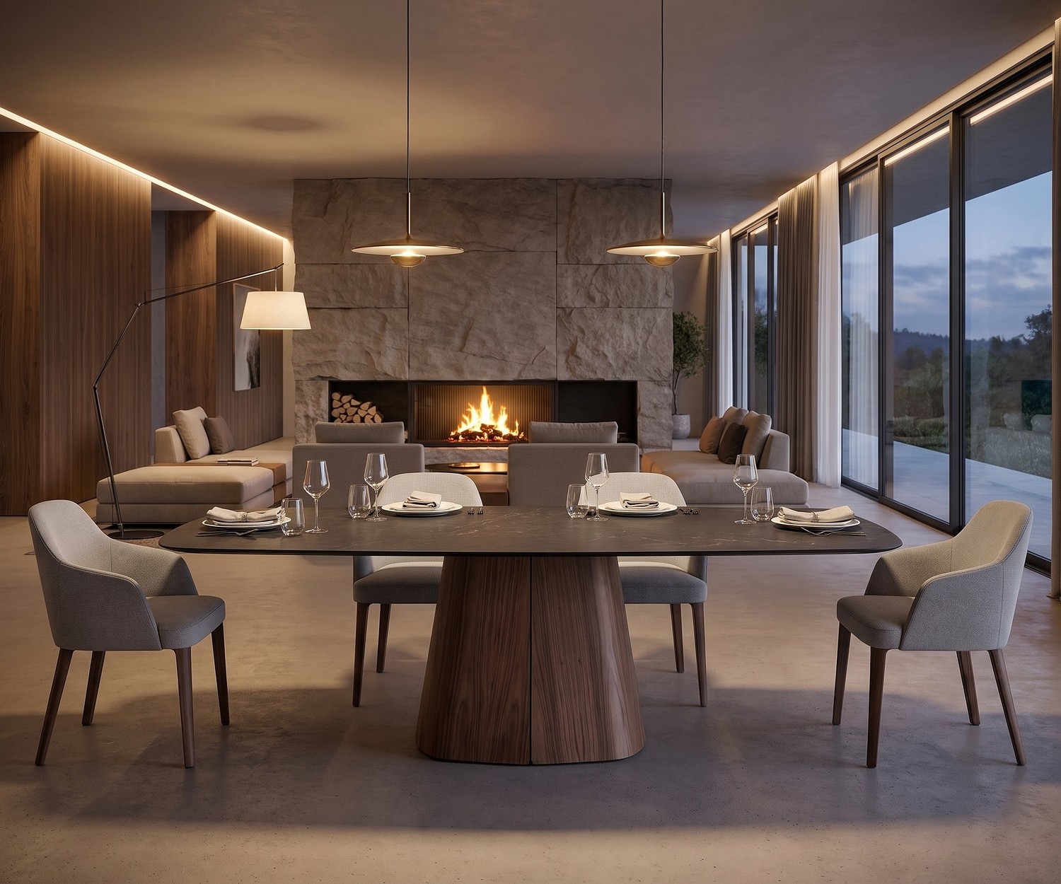 Ovaler al2 tessera 001 Design Esstisch mit Holzsockel al2 tessera 001 Esstisch mit ovaler Keramikplatte und Holzfuß im luxuriösen Esszimmer mit Kamin, modern eingedeckt.