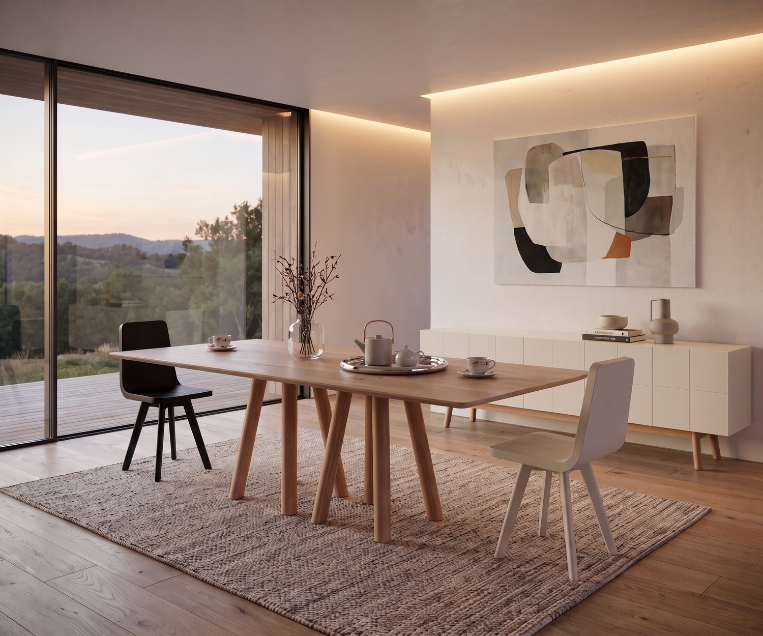 Design Esstisch al2 mos-i-ko 001 a aus Massivholz im Esszimmer mit großen Fenstern im modernen minimalistischen Stil.