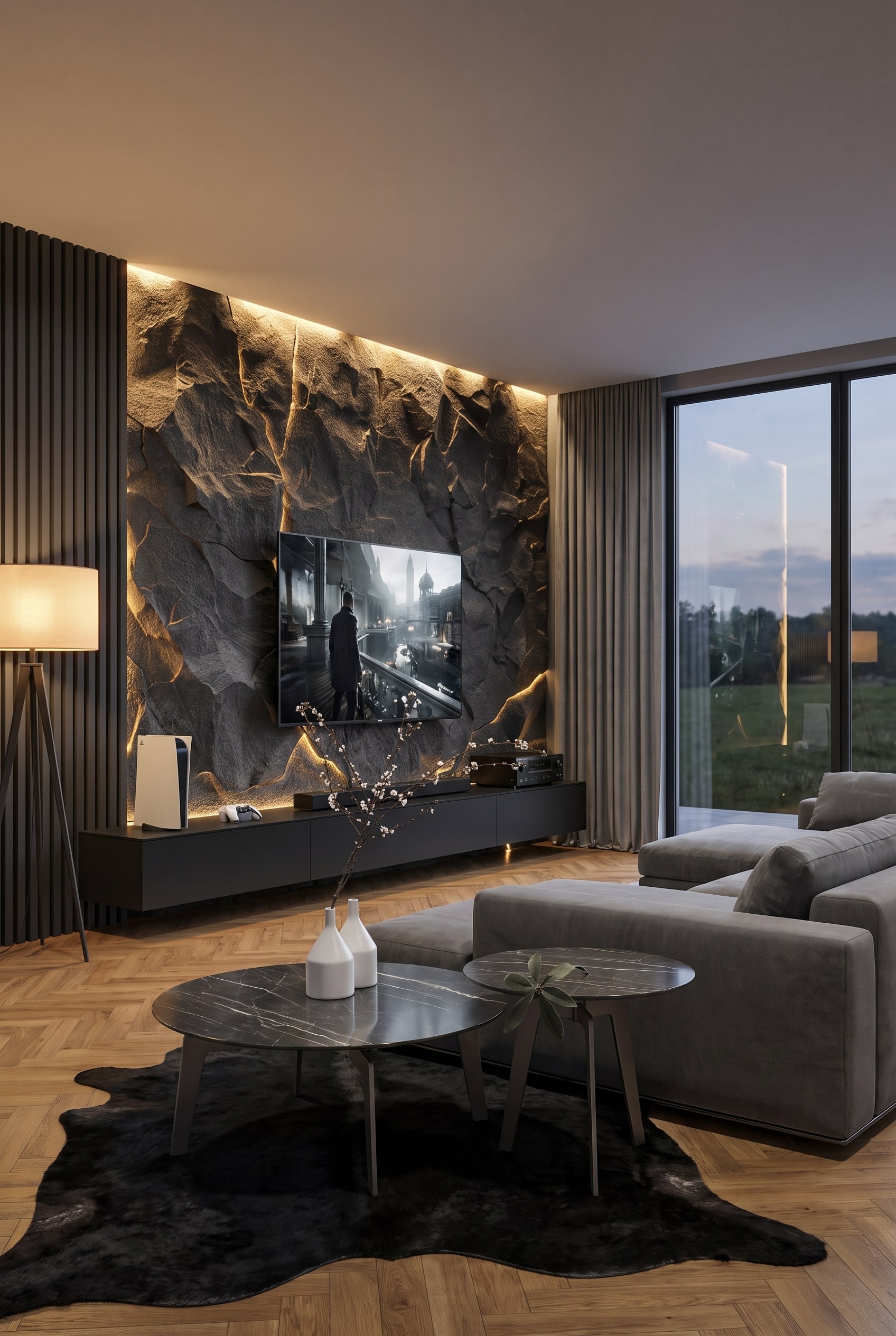 Un salon &eacute;l&eacute;gamment am&eacute;nag&eacute; avec un &eacute;clairage indirect discret et blanc chaud derri&egrave;re le moniteur et une table d'appoint minimaliste &agrave; c&ocirc;t&eacute; du canap&eacute;.
