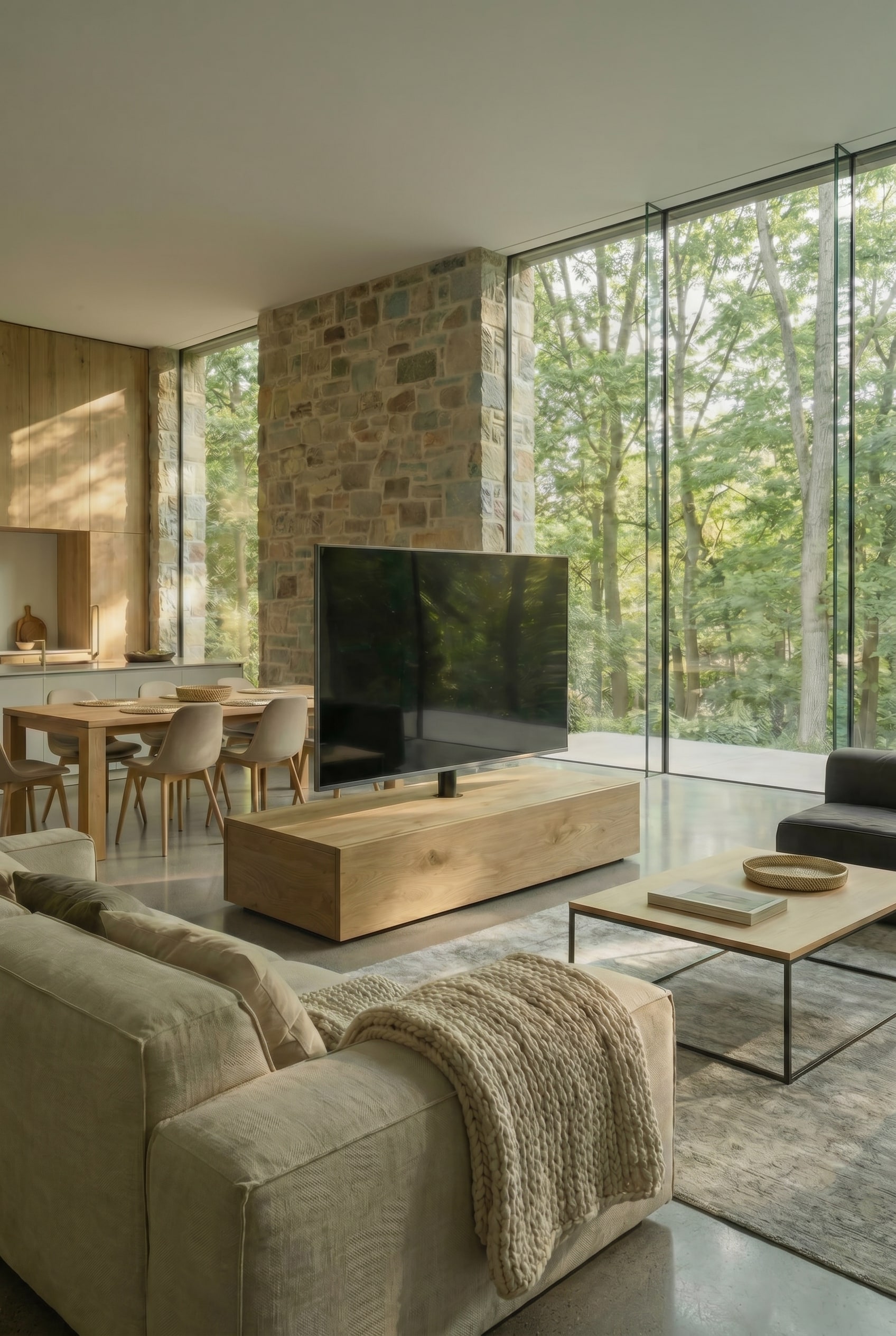 Salon moderne avec s&eacute;parateur de pi&egrave;ce TV Livitalia Roto Slim noir comme &eacute;l&eacute;ment autonome avec panneau rotatif