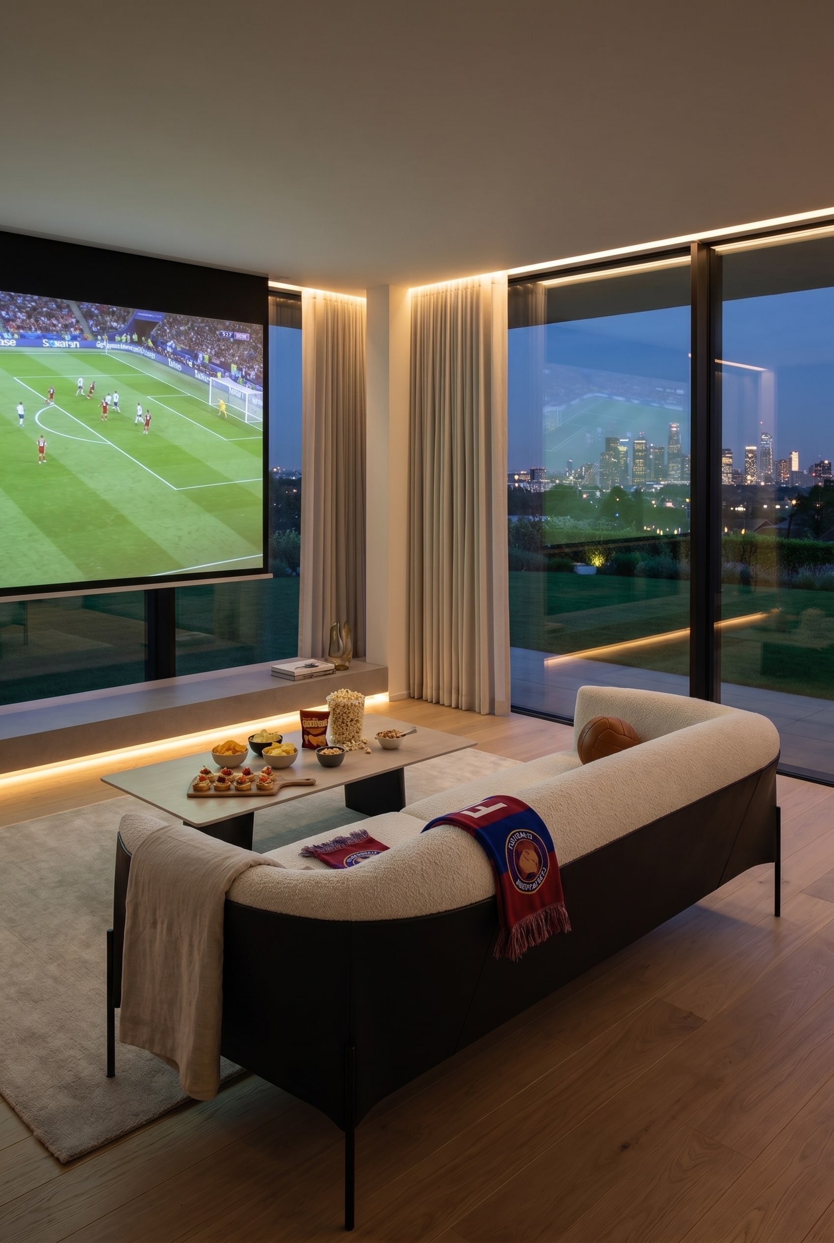 Modernes Wohnzimmer mit großzügigem beigefarbenem Modulsofa, elegantem Couchtisch und großem Panoramafenster mit Blick auf die Stadt