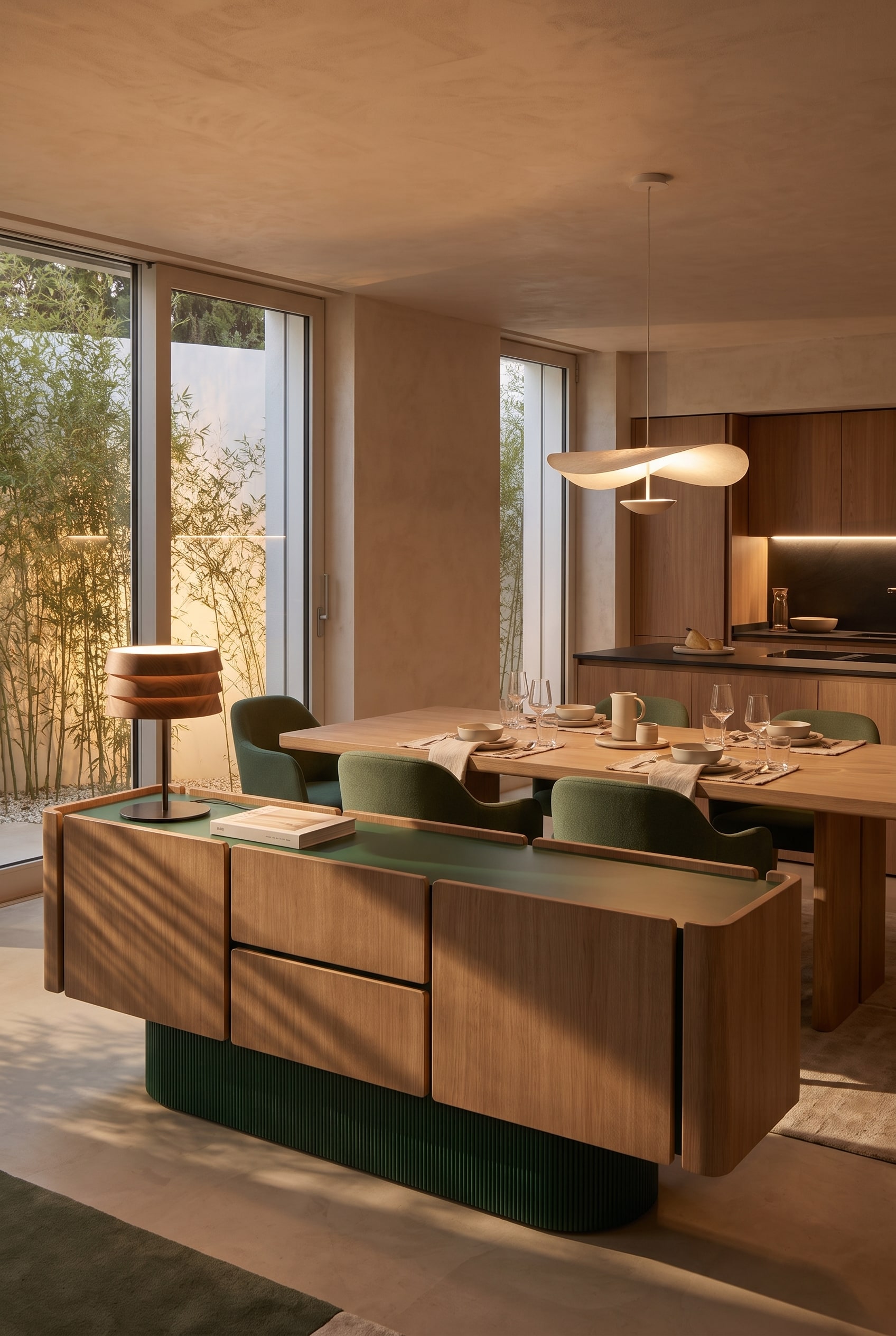 Modernes Sideboard mit glatten Eichenfronten und einer markant geriffelten, dunkelgr&uuml;nen Basis vor einem Fenster
