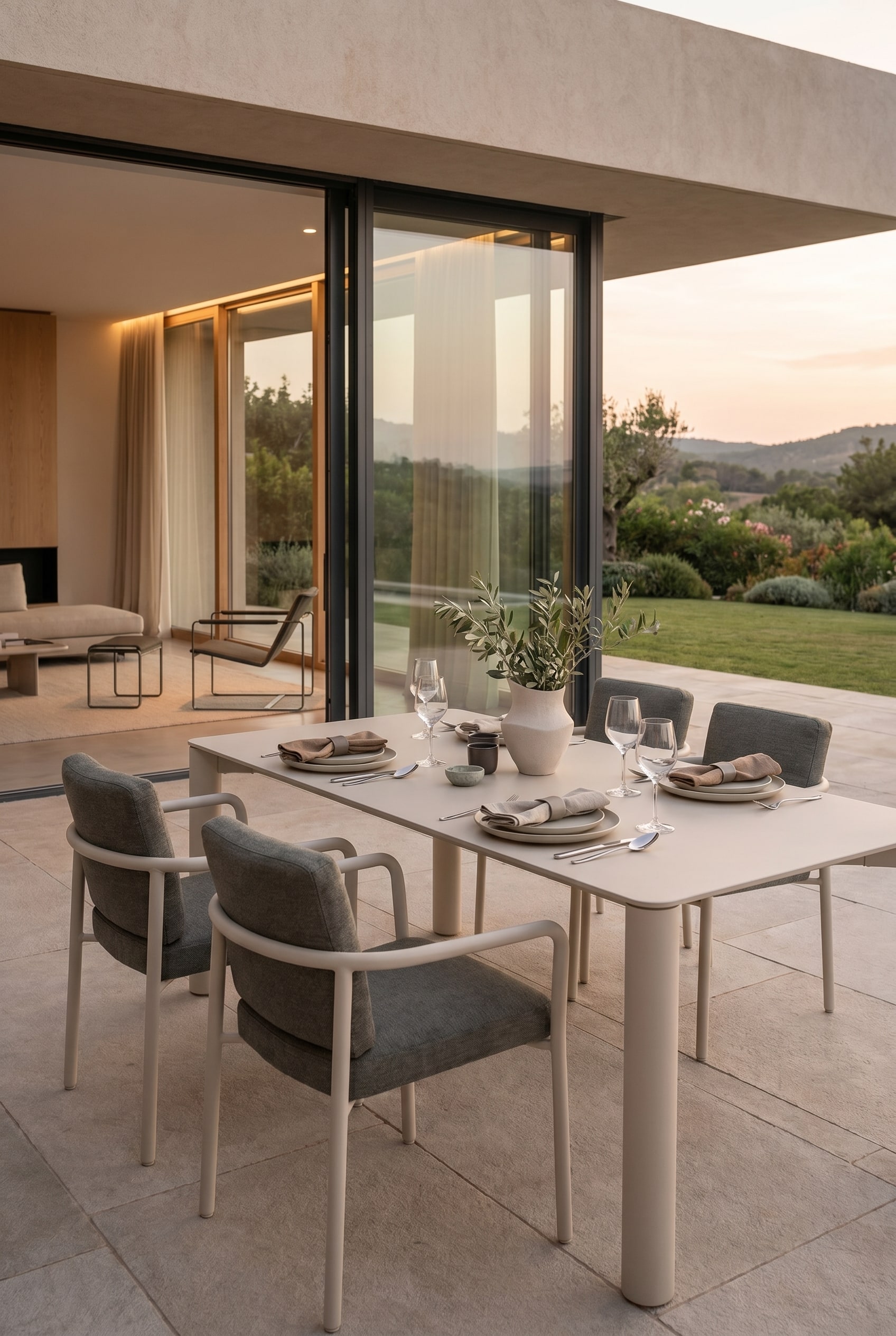 Terrasse de jardin moderne avec une grande table à manger d'extérieur au design minimaliste et une décoration de table élégante