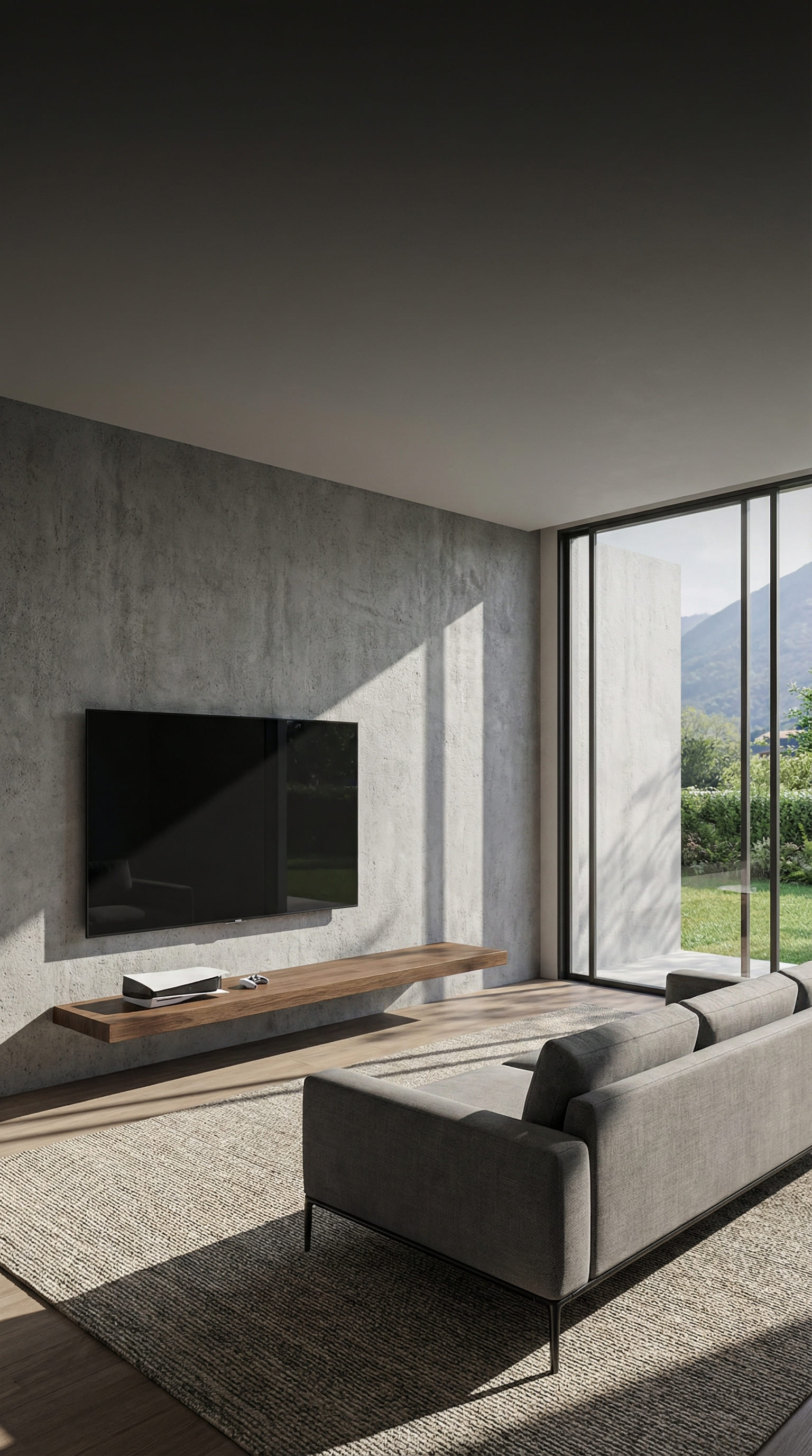 &Eacute;tag&egrave;re murale minimaliste en ch&ecirc;ne fonc&eacute; flottant sous la t&eacute;l&eacute;vision