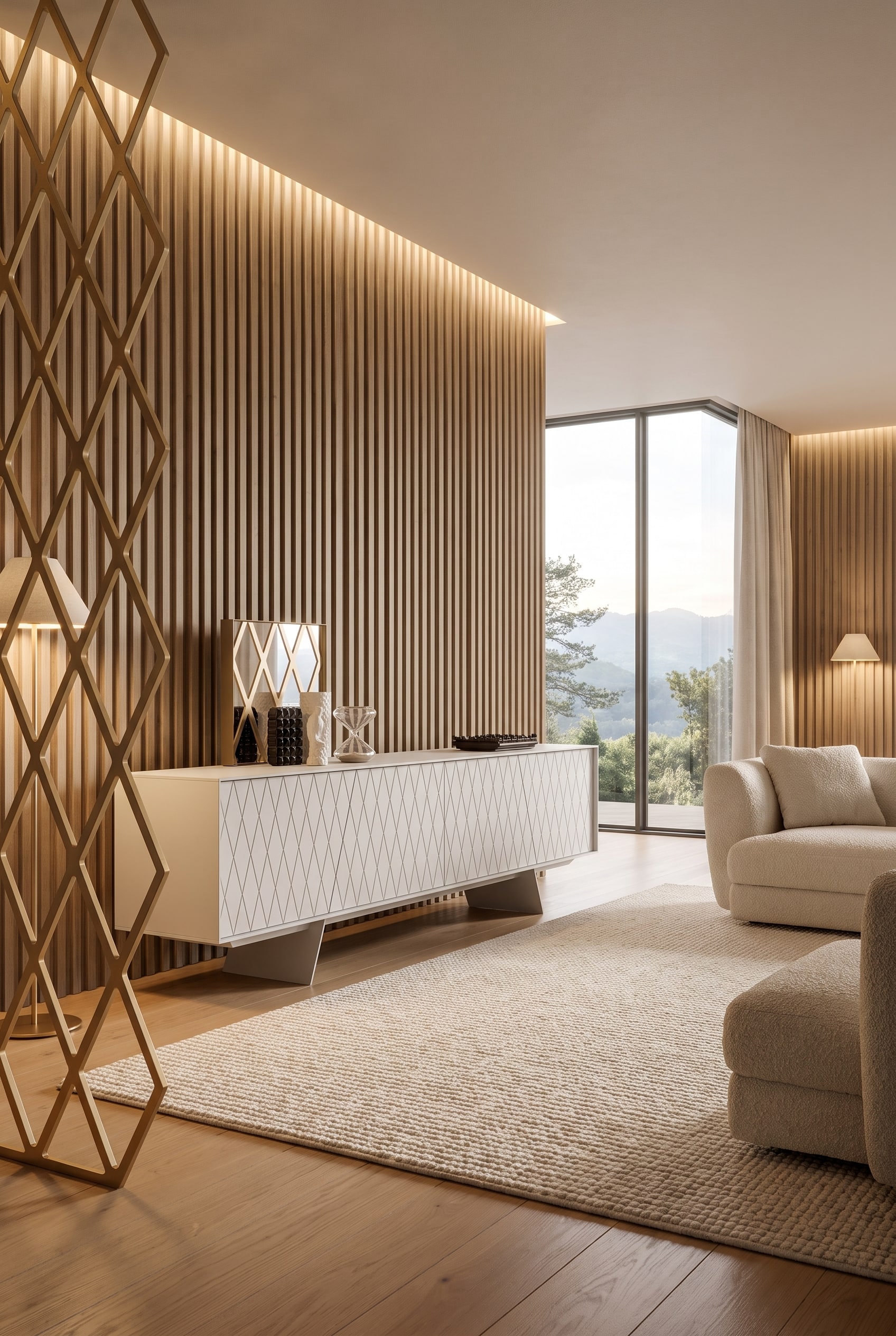 Grand salon au design ton sur ton avec un buffet massif al2 e-klipse 003, dont les fa&ccedil;ades sculpt&eacute;es en relief cr&eacute;ent des jeux d'ombre et de lumi&egrave;re saisissants.