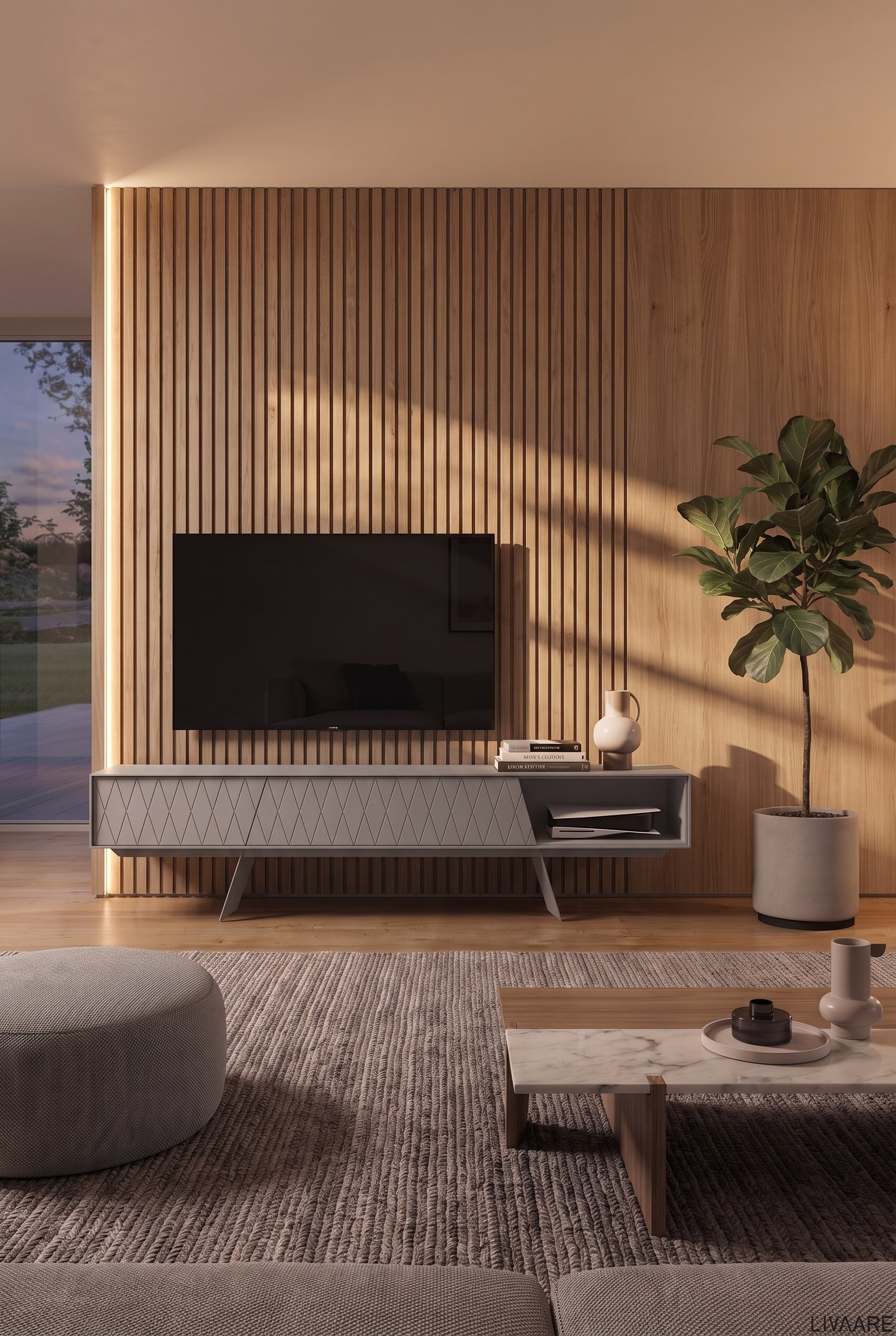 Salon avec un mur en bois éclairé latéralement, un meuble bas asymétrique sur pieds métalliques et une grande plante verte sur le côté