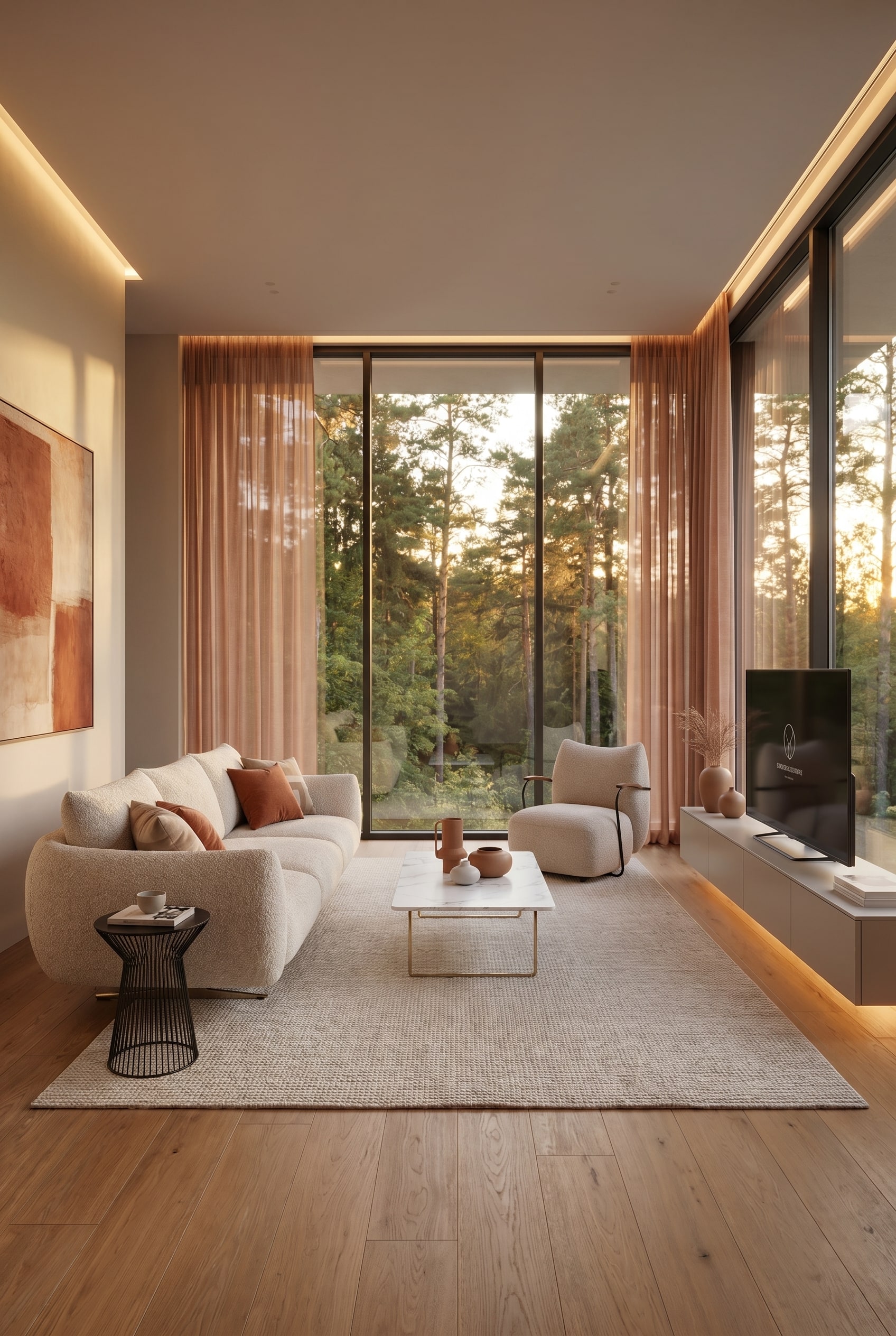 Wohnzimmer mit volumin&ouml;sem beigem Stoffsofa mit abgerundeten Kanten vor warmer Erdt&ouml;nung