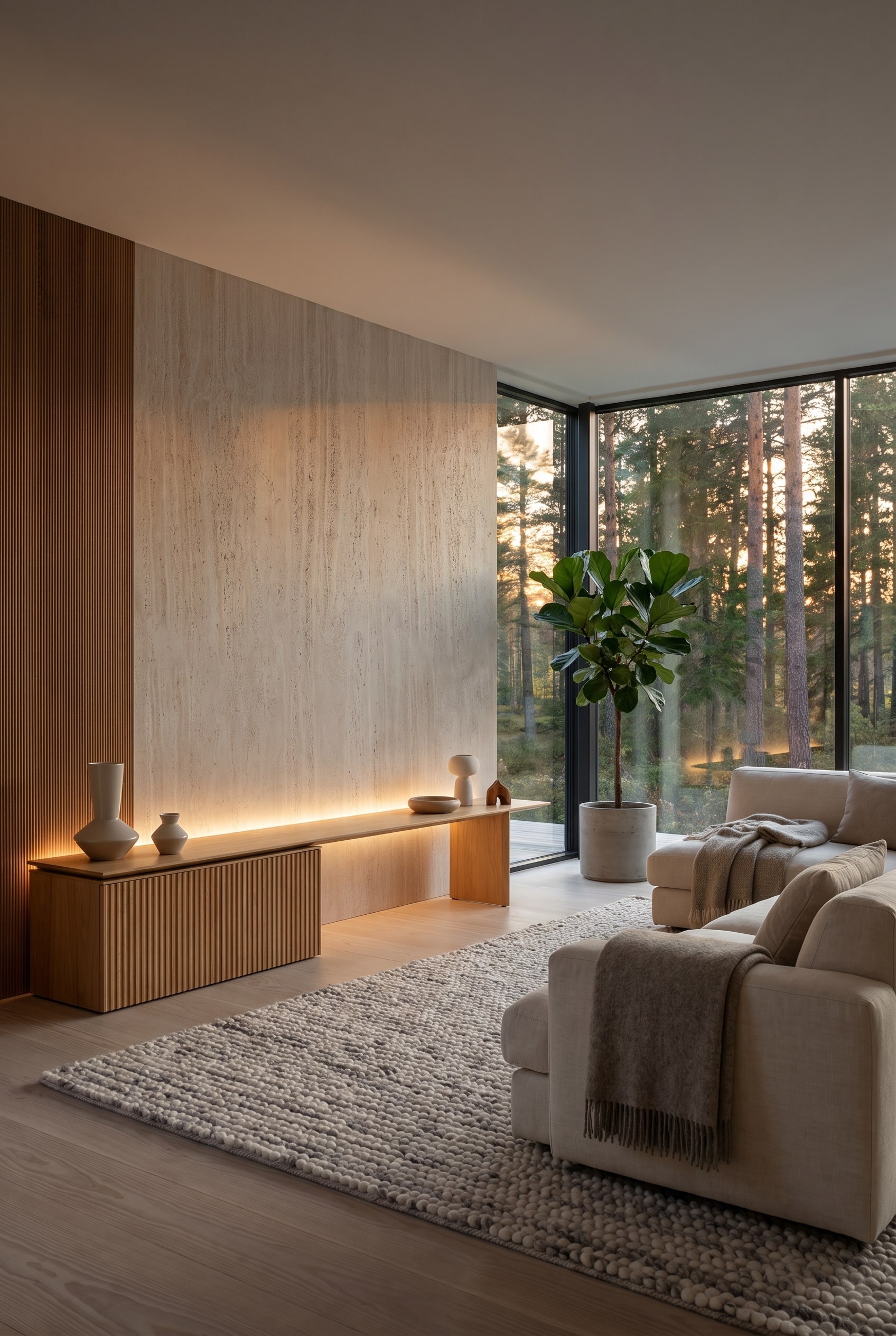 Das minimalistische Punt Velasca Sideboard aus hellem Holz mit Lamellenstruktur vor einer freigelassenen Wand in einem skandinavischen Wohnzimmer.