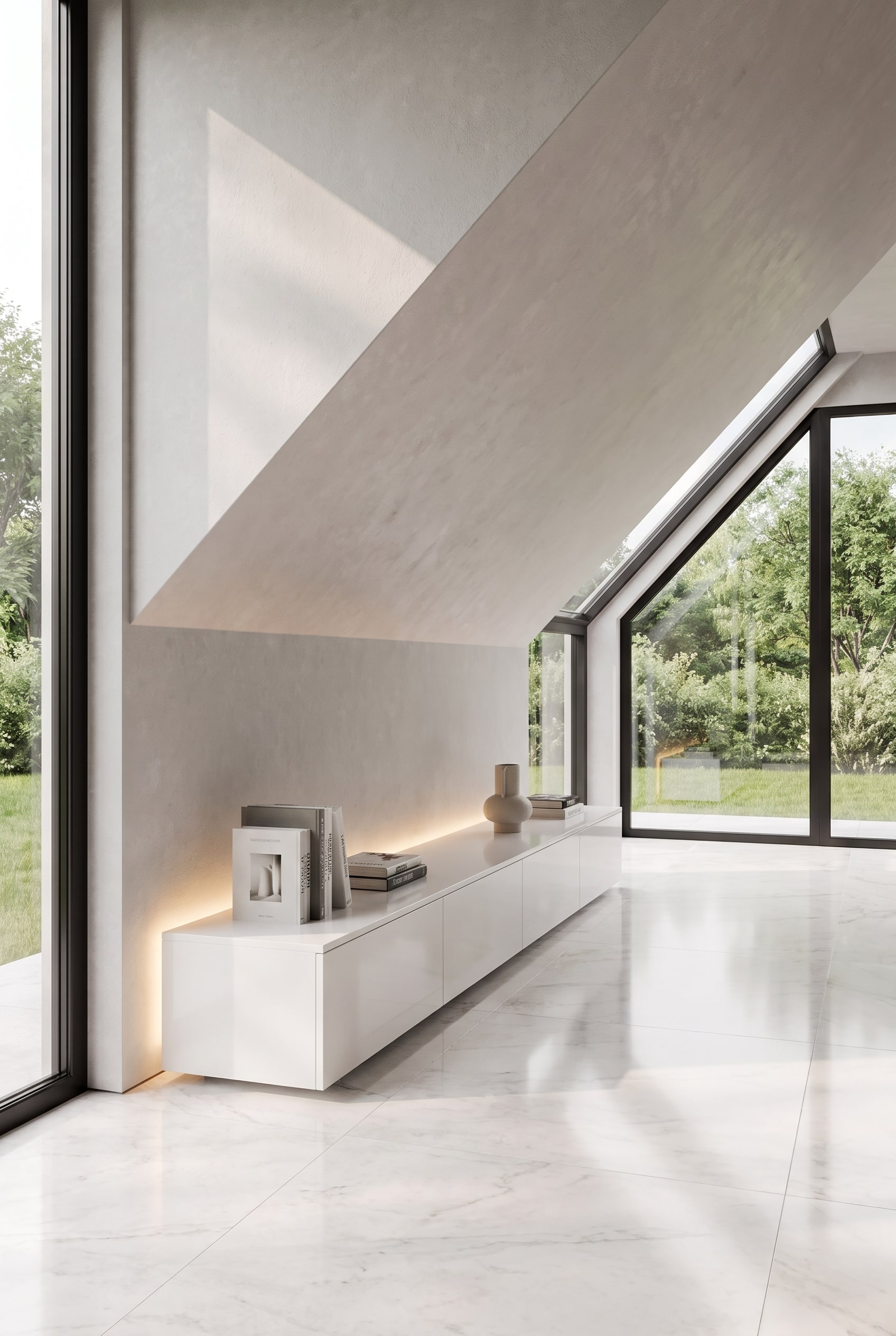 Salon moderne sous les combles avec un meuble bas blanc continu sous une sous-pente