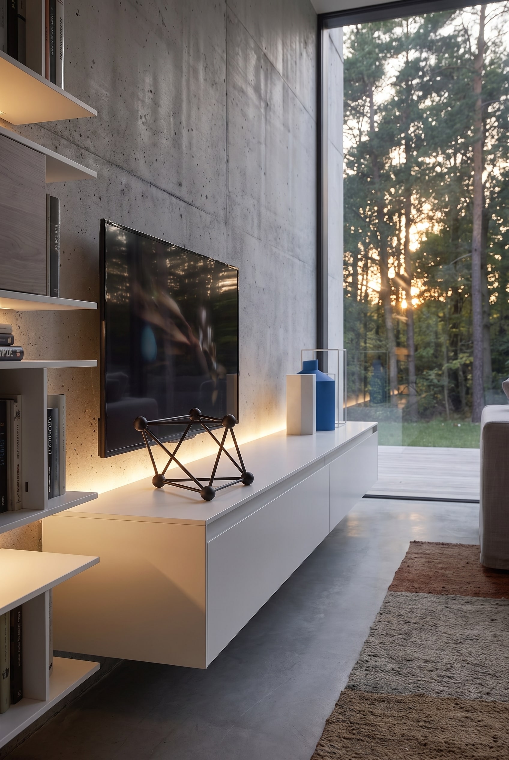 Vue latérale du meuble bas blanc avec un objet décoratif géométrique et un éclairage LED indirect sur béton apparent.