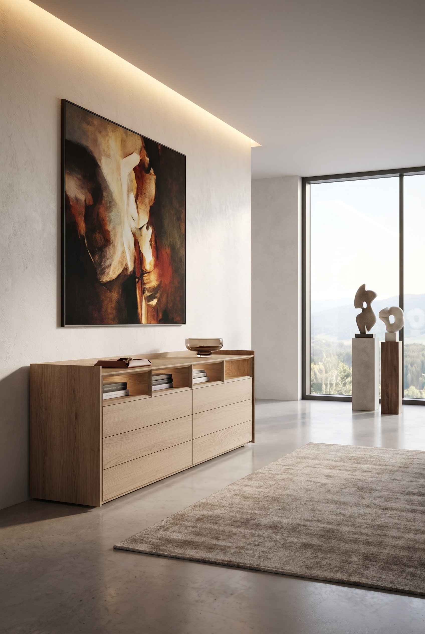 Couloir avec une commode sans poignée en greige, dessus, un vide-poche en cuir et une coupelle en verre teinté devant un mur clair