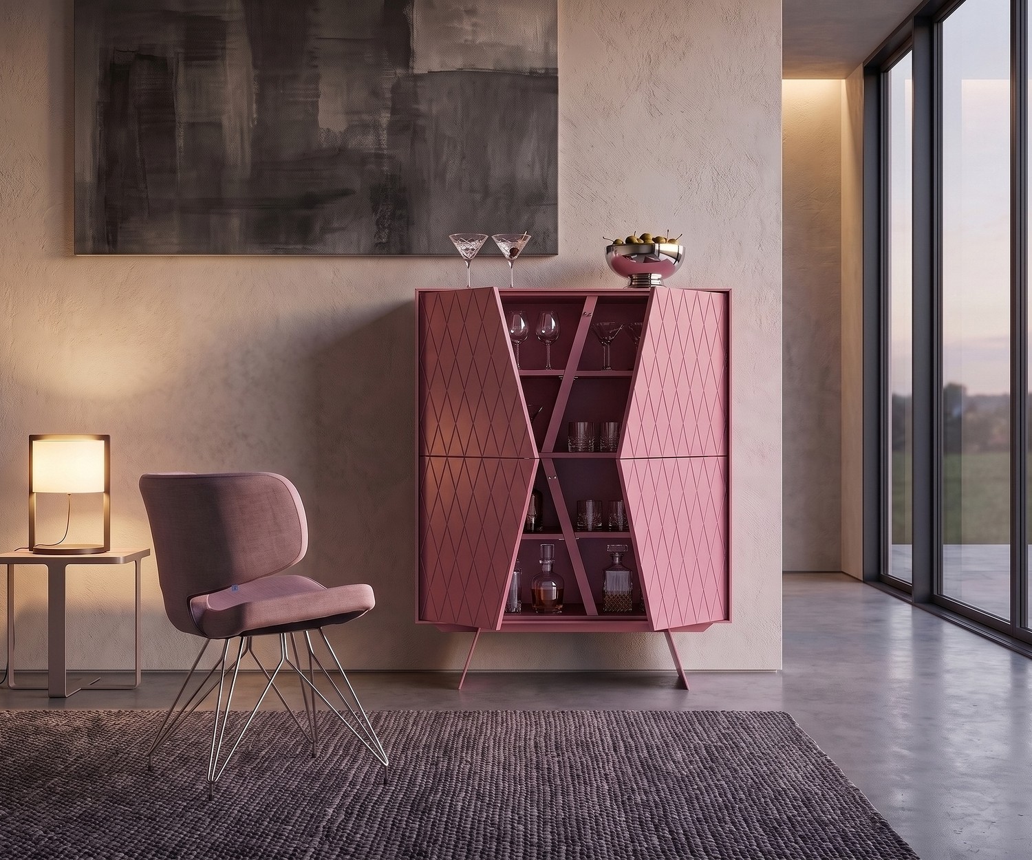 Buffet haut al2 e-klipse 009 meuble bar de salon, design élégant rose mat avec portes à motif de losanges.
