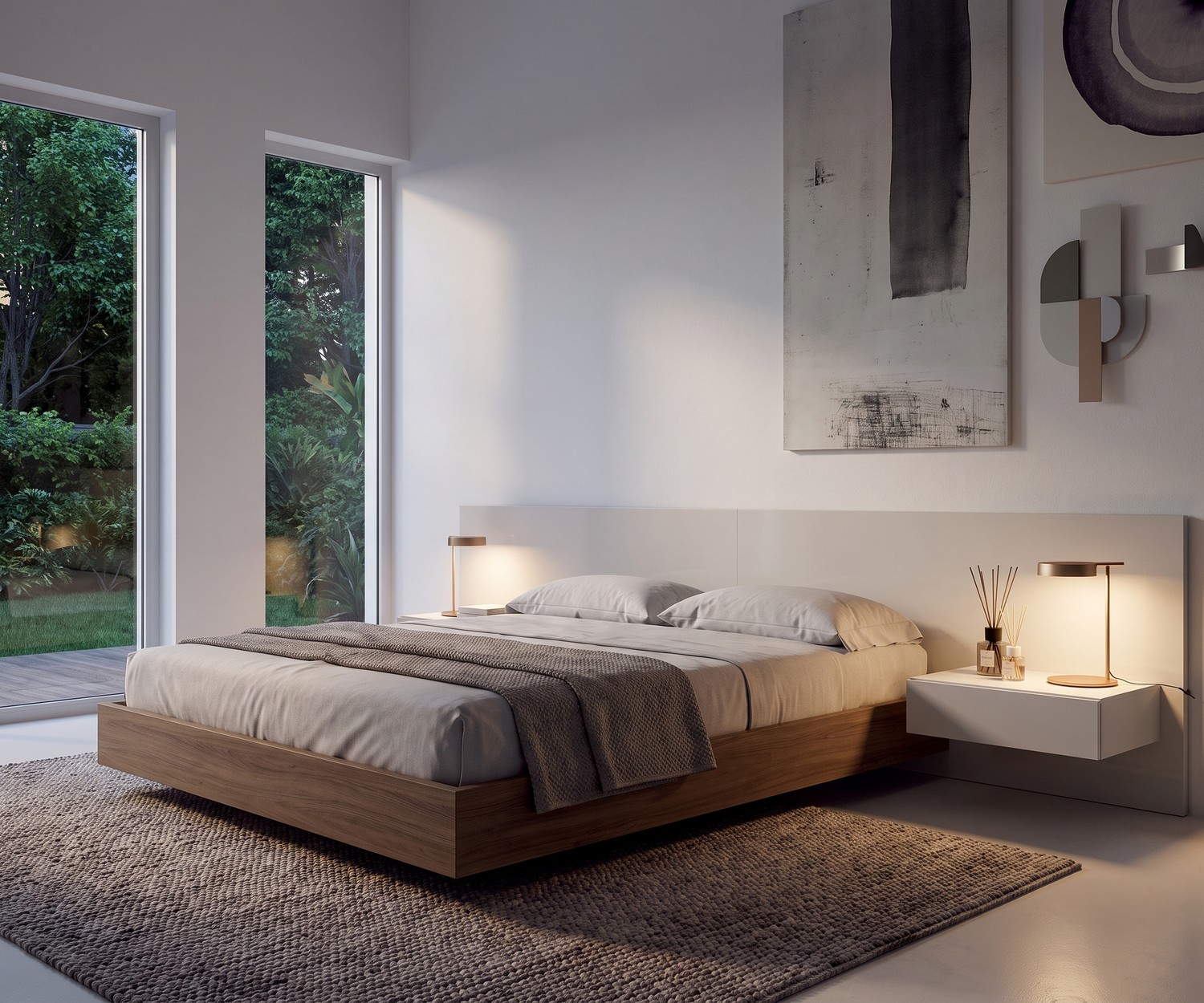 Schwebender Nachttisch Easy 1 Schublade von Novamobili Novamobili Easy Nachttisch mit 1 Schublade, schwebend am Bett-Kopfteil im modernen Schlafzimmer in Weiß.