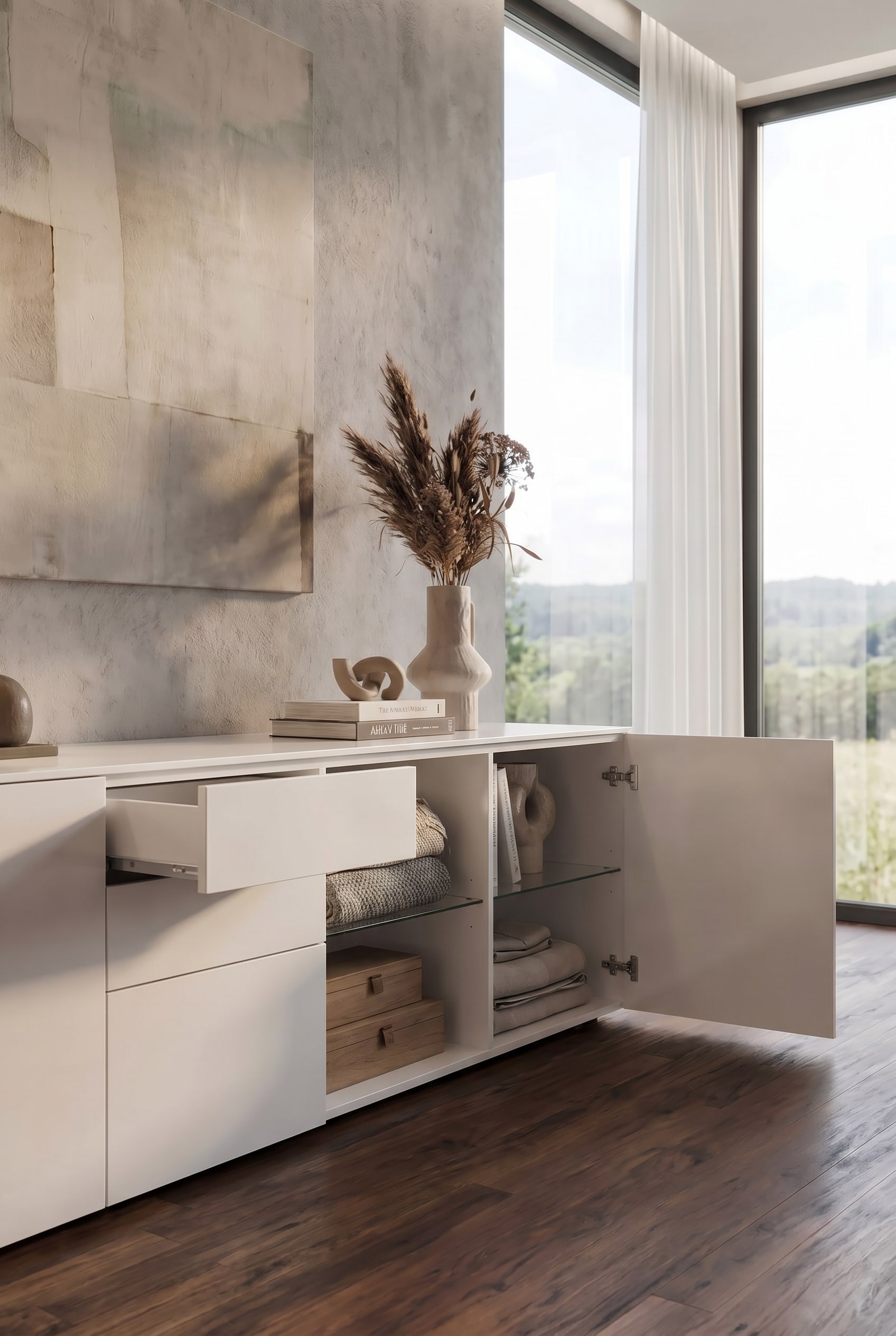 Livitalia Sideboard Nolea von innen, mit elegant sortiertem Home-Office Zubeh&ouml;r auf Glaseinlegeb&ouml;den