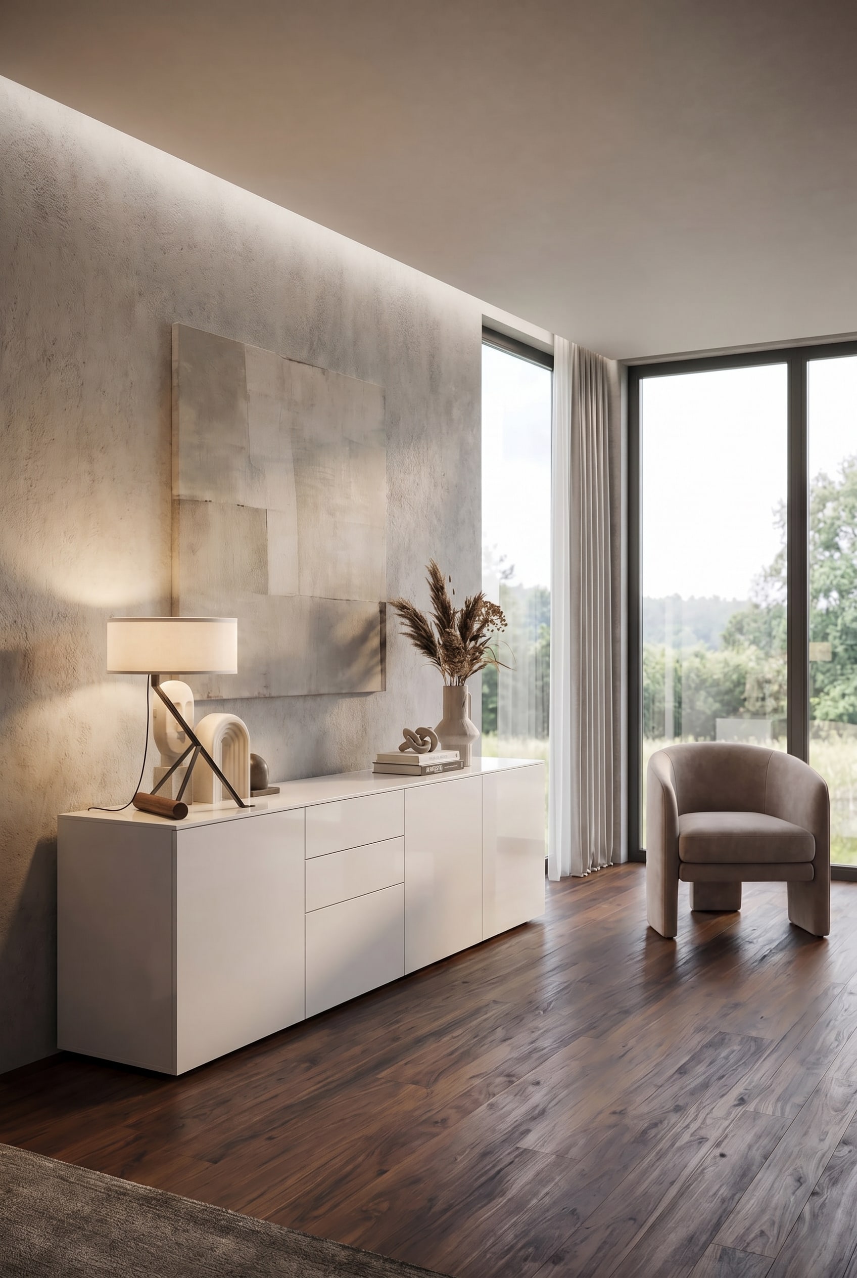 Modernes Wohnzimmer mit minimalistischem Aufbewahrungsm&ouml;bel und aufger&auml;umter Atmosph&auml;re